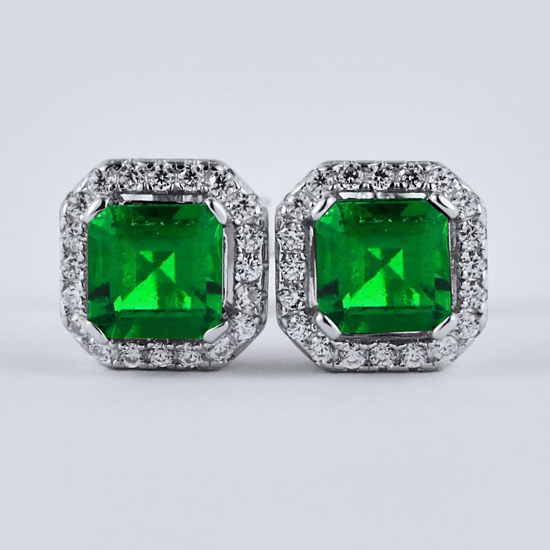 Confined Starlight | Diamond Halo Square Lab-Created Emerald Earrings