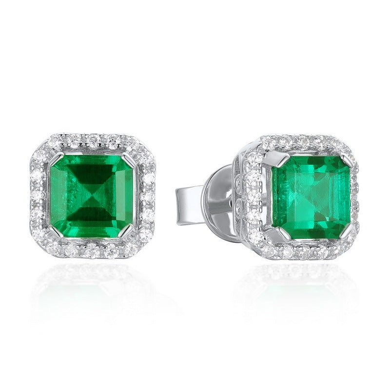 Confined Starlight | Diamond Halo Square Lab-Created Emerald Earrings