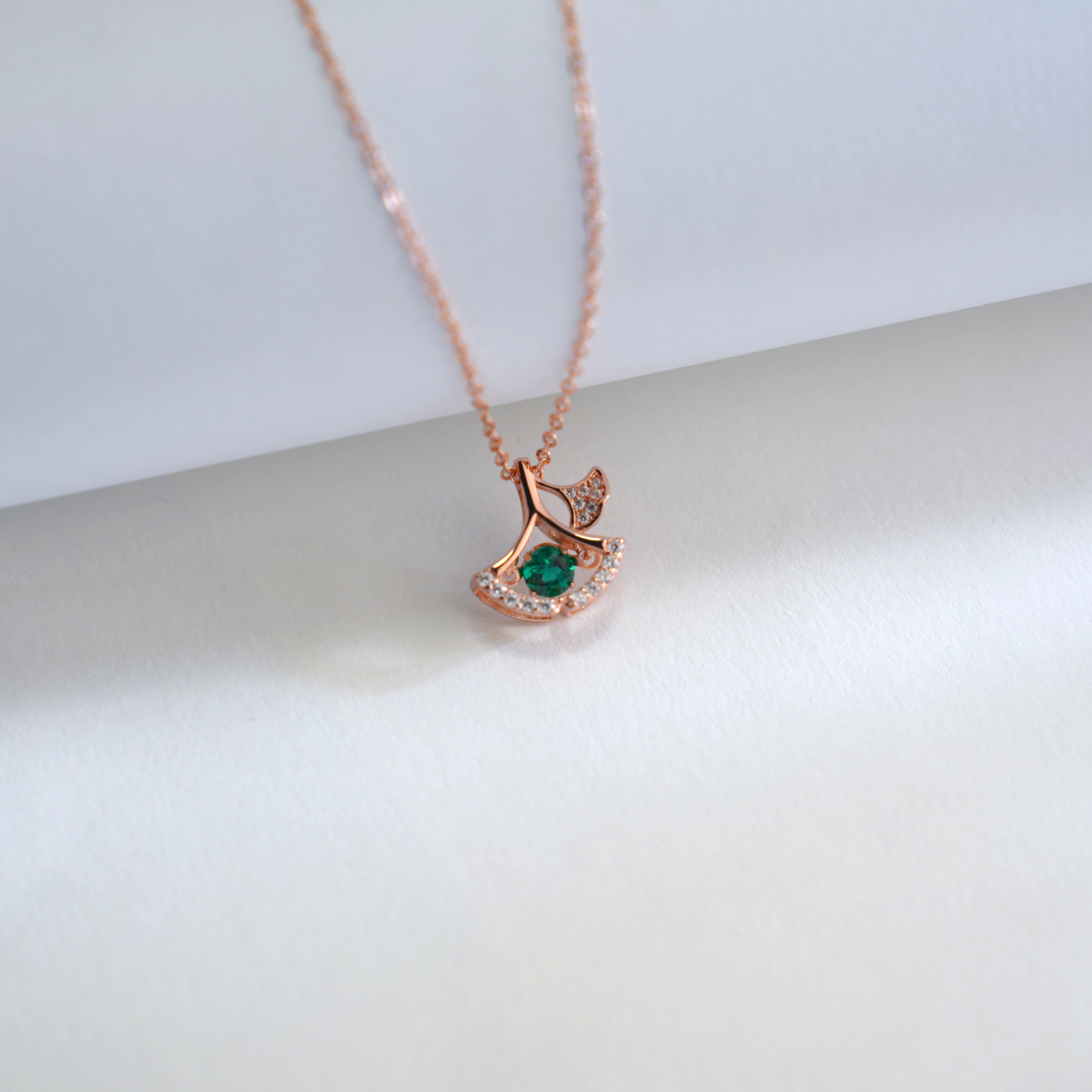 Arc of Green Whispers | Rose Gold Diamond Halo Emerald Pendant
