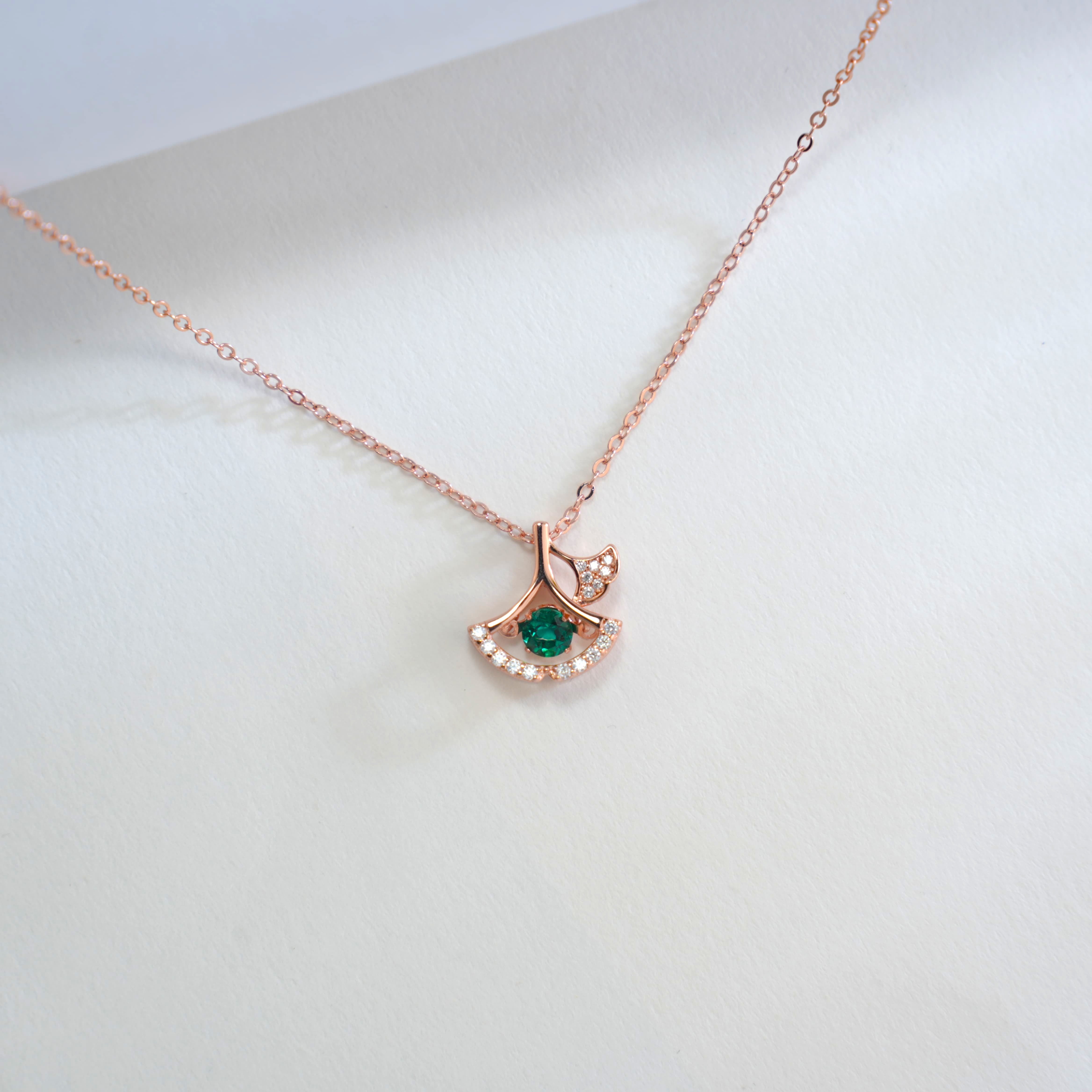 Arc of Green Whispers | Rose Gold Diamond Halo Emerald Pendant