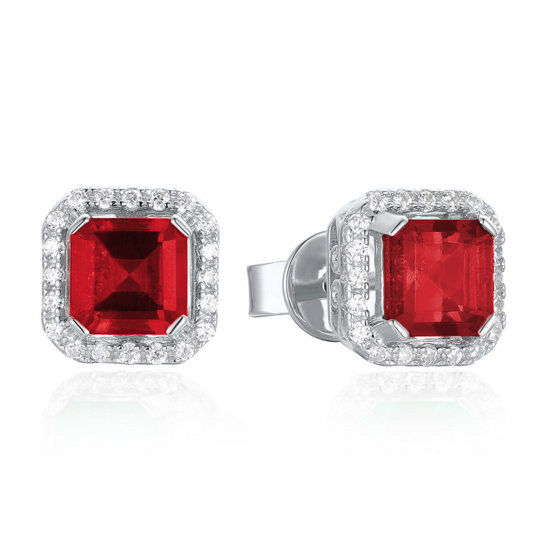Square Ruby Halo Stud Earrings