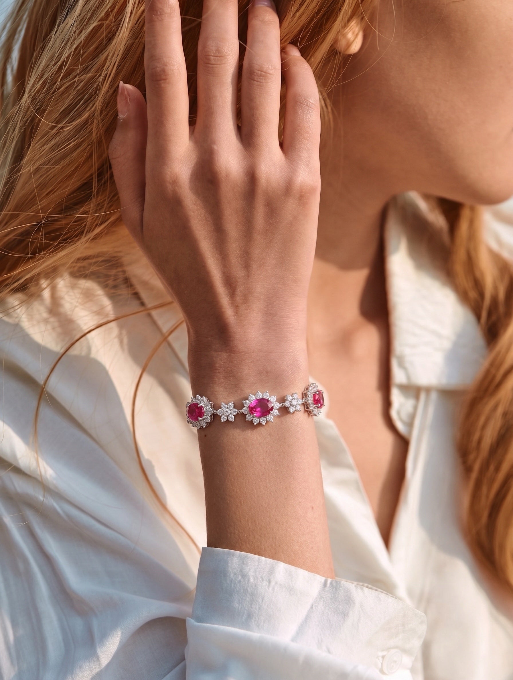 Ruby Halo Flower Bracelet