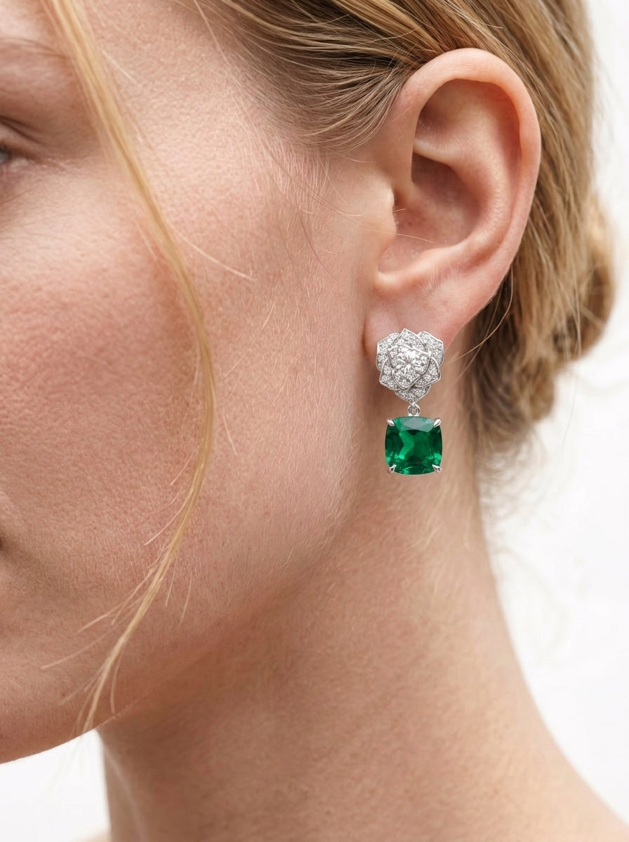 Lab-Grown Ruby - Crimson Square Diamond Flower Layered Drop Earrings
