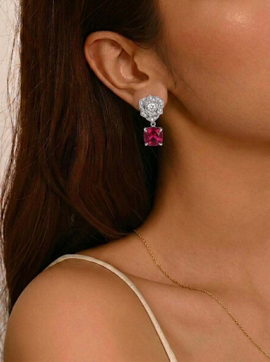 Lab-Grown Ruby - Crimson Square Diamond Flower Layered Drop Earrings