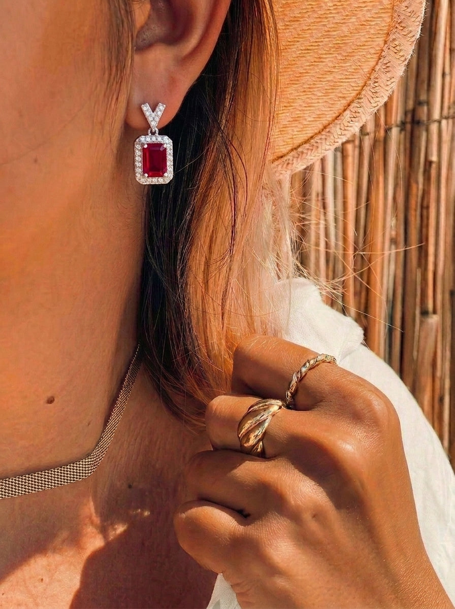 Elegant Ruby Halo Dangle Earrings