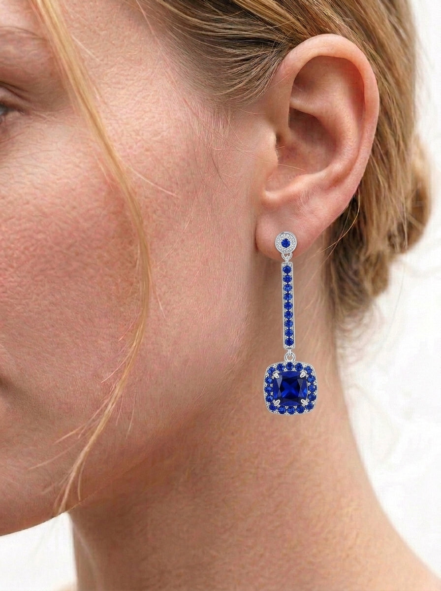 Square Sapphire Halo Earrings