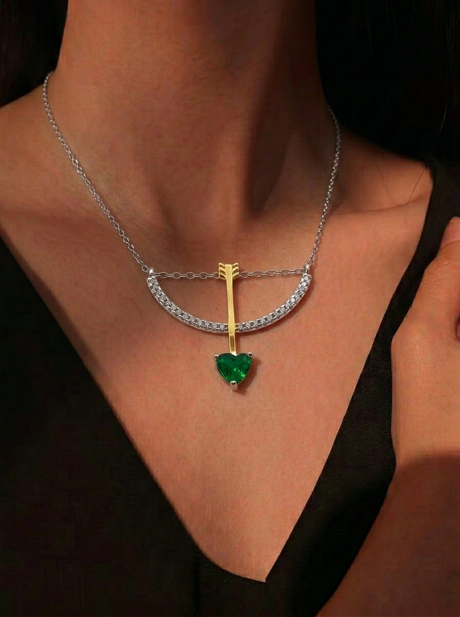 Cupid's Arrow Heart Emerald Necklace