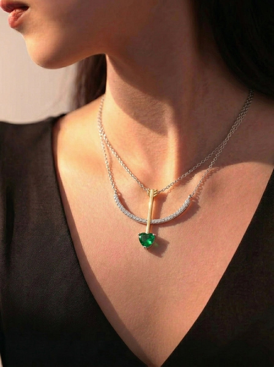 Cupid's Arrow Heart Emerald Necklace
