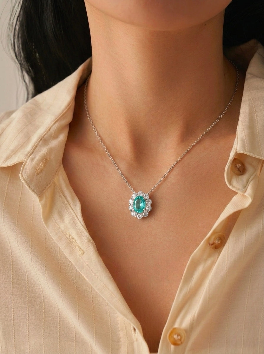 Lab-Grown Paraiba Tourmaline - Ocean Blue Oval Diamond Cluster Pendant