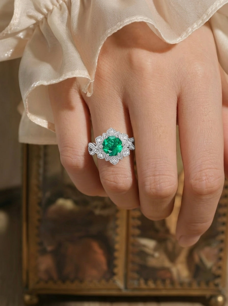 Vintage Flower Emerald Halo Ring
