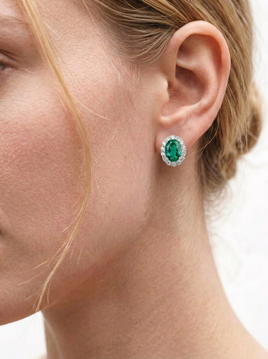 Cultured Emerald - Elegant Oval Earrings