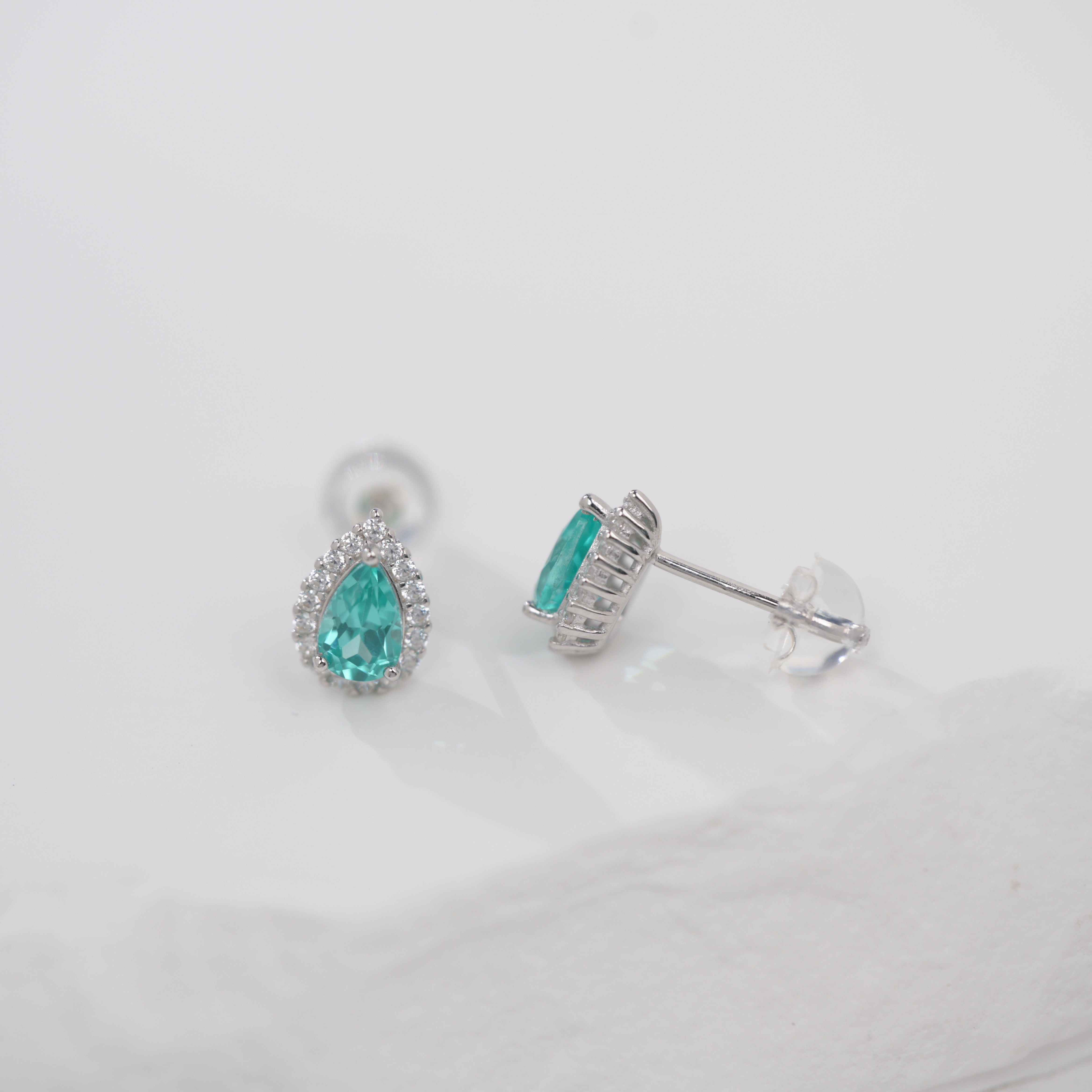 Lab-Grown Paraiba Color YAG Teardrop Stud Earrings | S925 Sterling Silver Plated 18K Gold, Halo Zircon Accents, Elegant Dainty Gemstone Jewelry