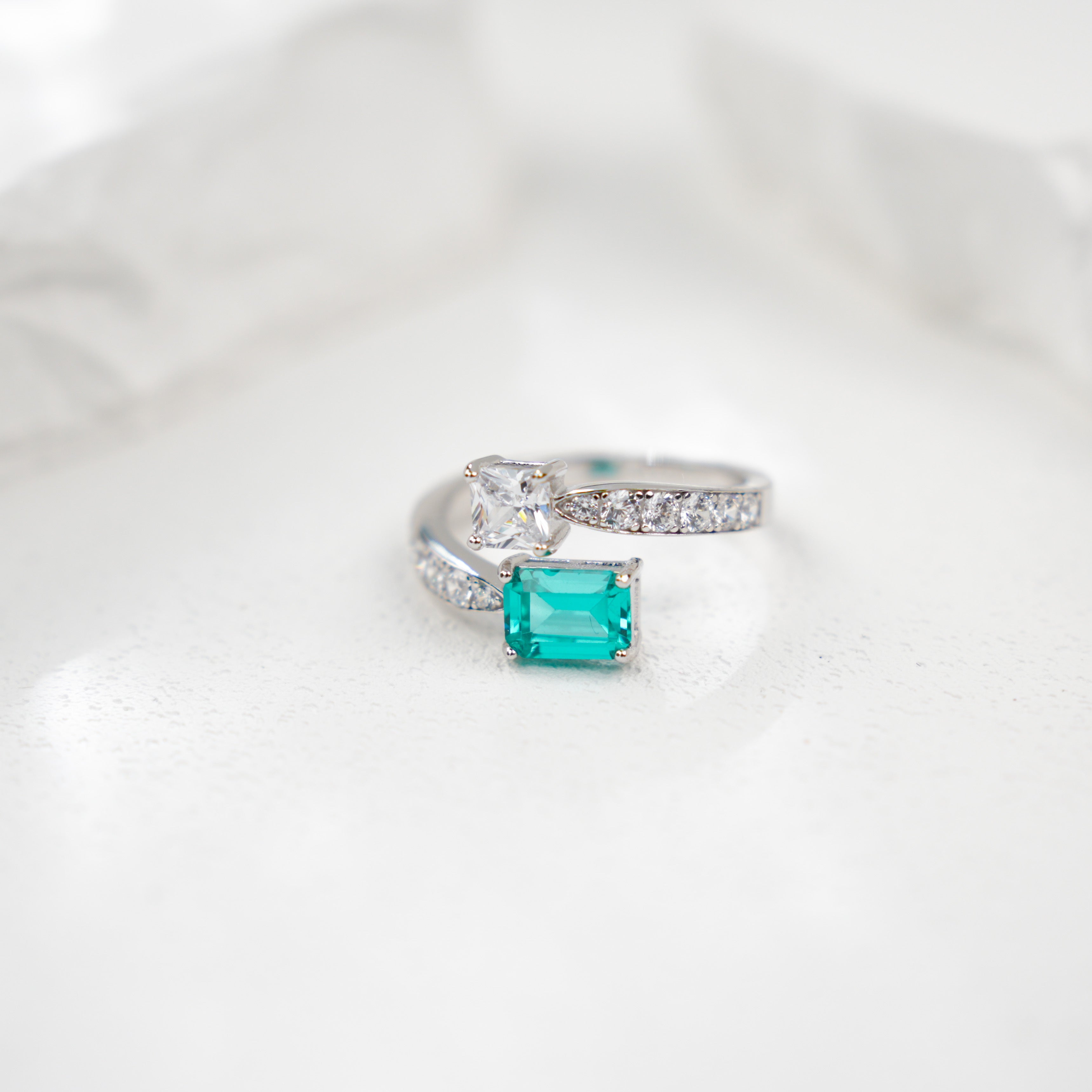 Lab-Grown Paraiba Color YAG Ring | S925 Sterling Silver Plated 18K Gold, Emerald & Princess Cut with Zircon Accents, Open Adjustable Band, Elegant Modern Gemstone Jewelry