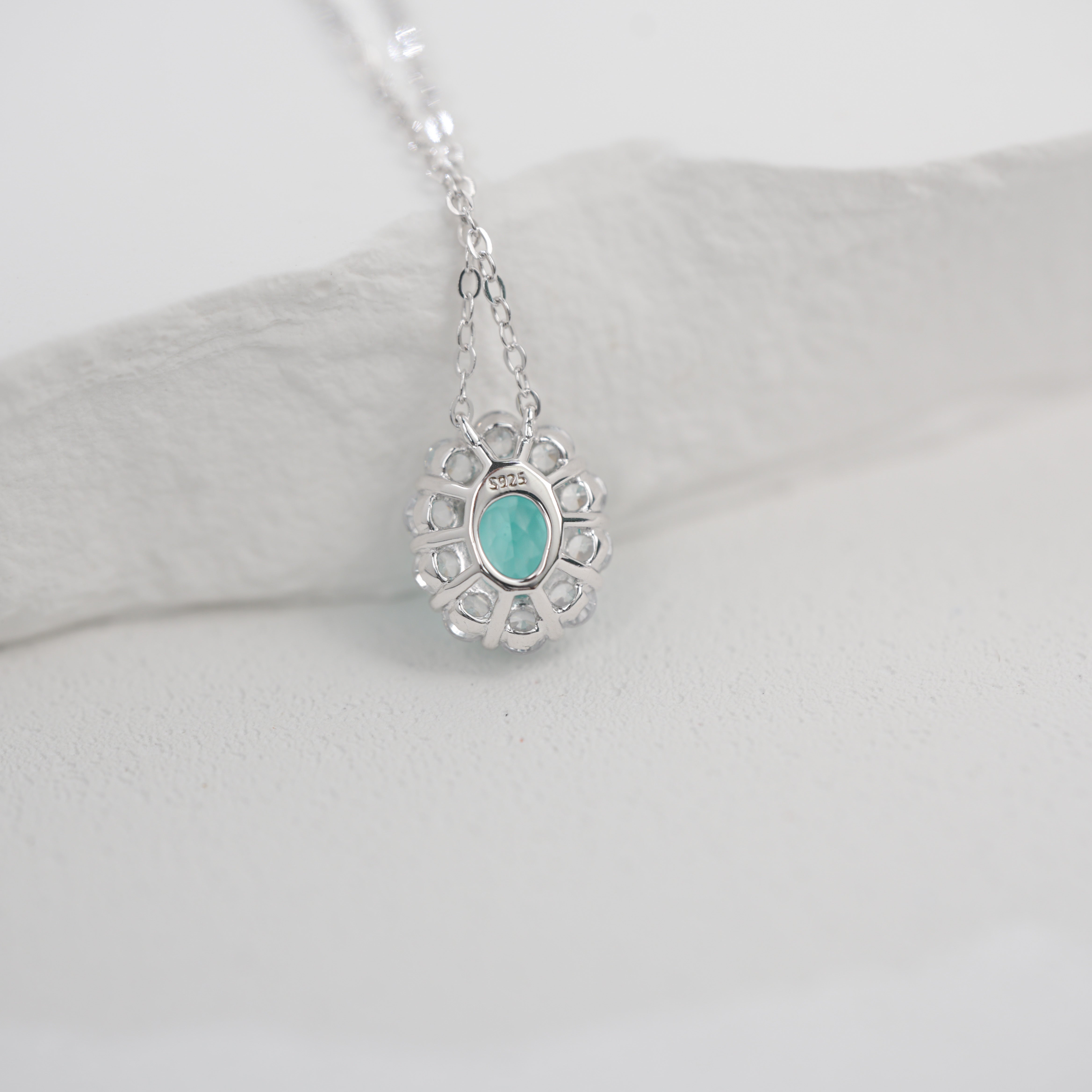 Lab-Grown Paraiba Color YAG Pendant Necklace | S925 Sterling Silver Plated 18K Gold, Oval Cut with Halo Zircon Accents, Elegant Dainty Gemstone Jewelry