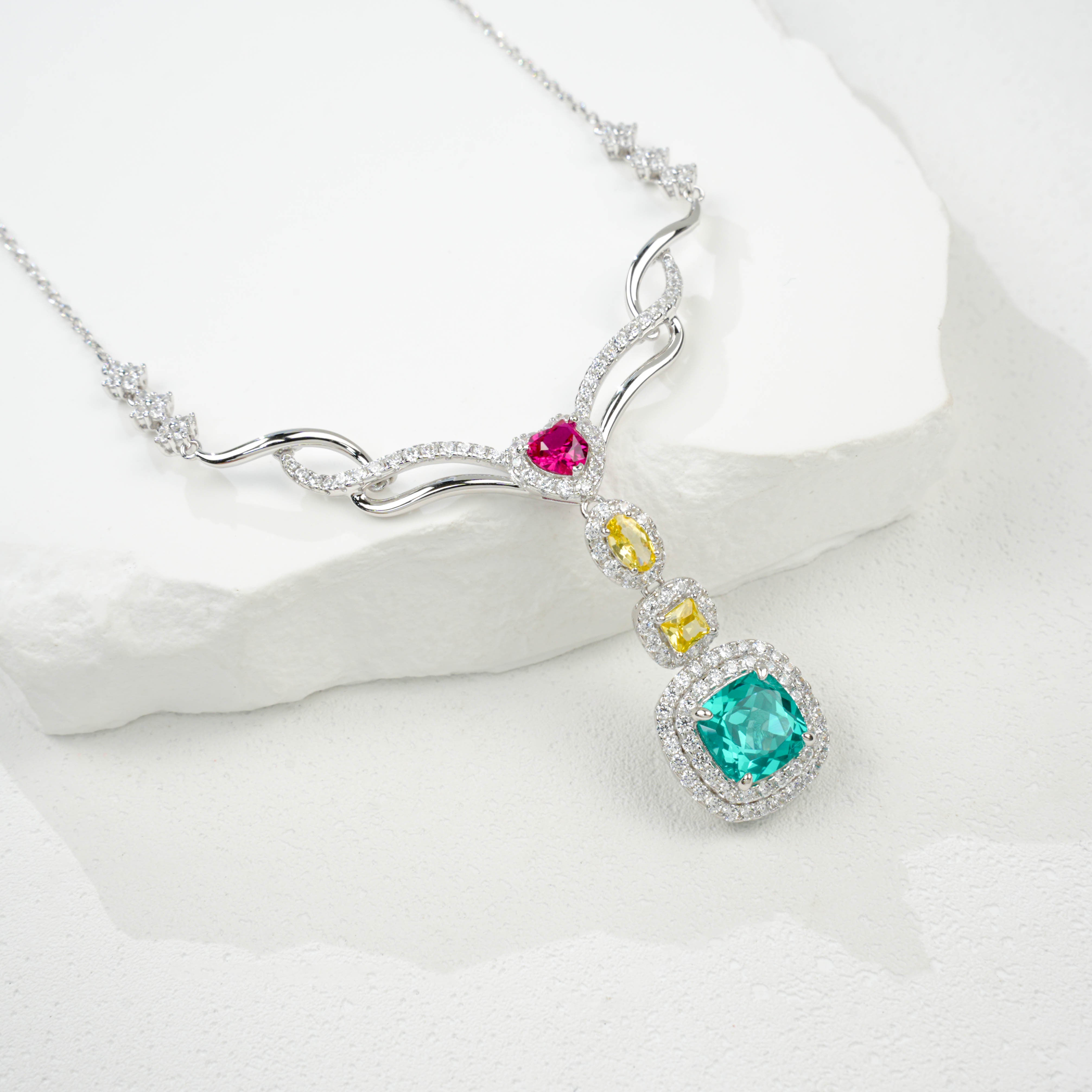 Lab - Grown Gemstone Necklace, S925 Silver Plated with 18K Gold, Colorful Multi - Stone Design