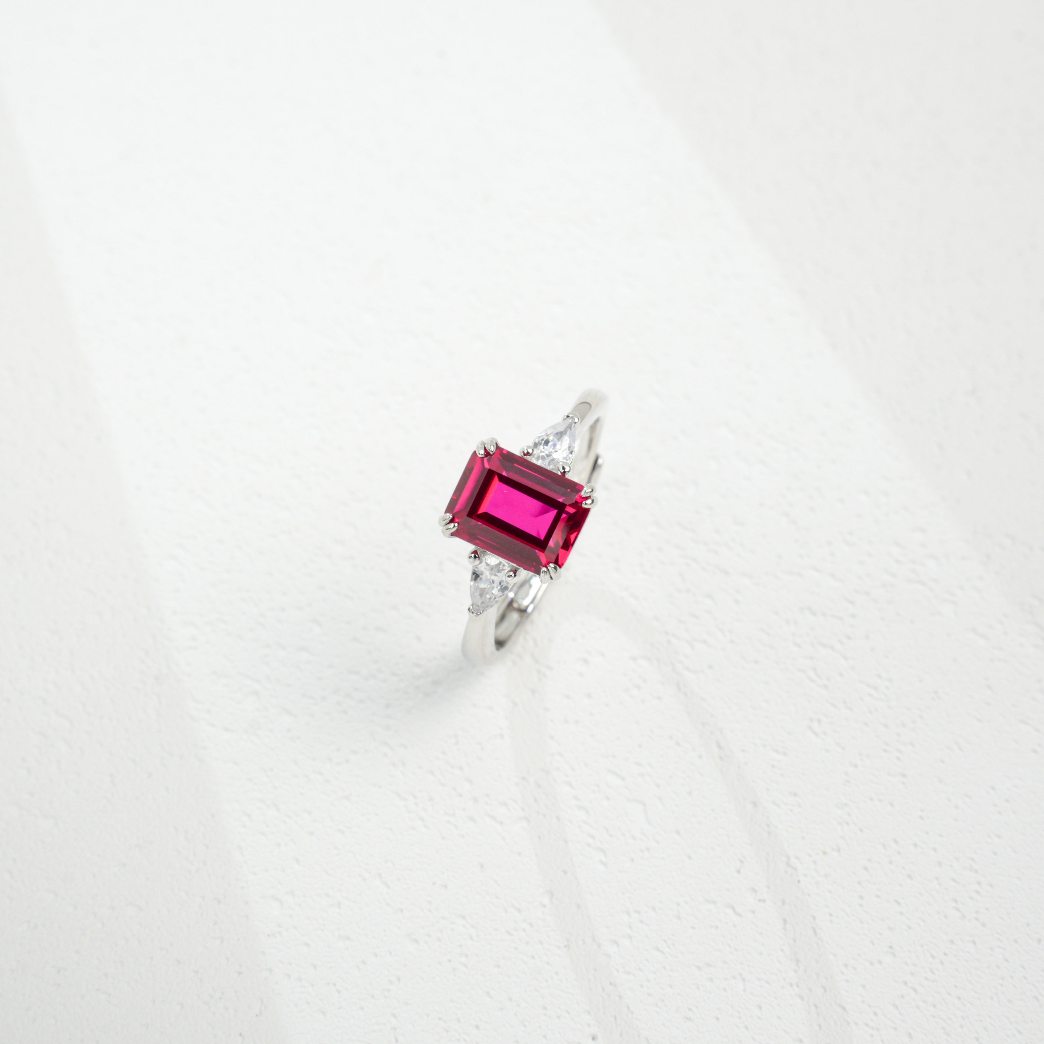Lab-Grown Ruby Ring | S925 Sterling Silver Plated 18K Gold, Emerald Cut with Trillion - Cut Zircon Accents, Luxury Gemstone Jewelry