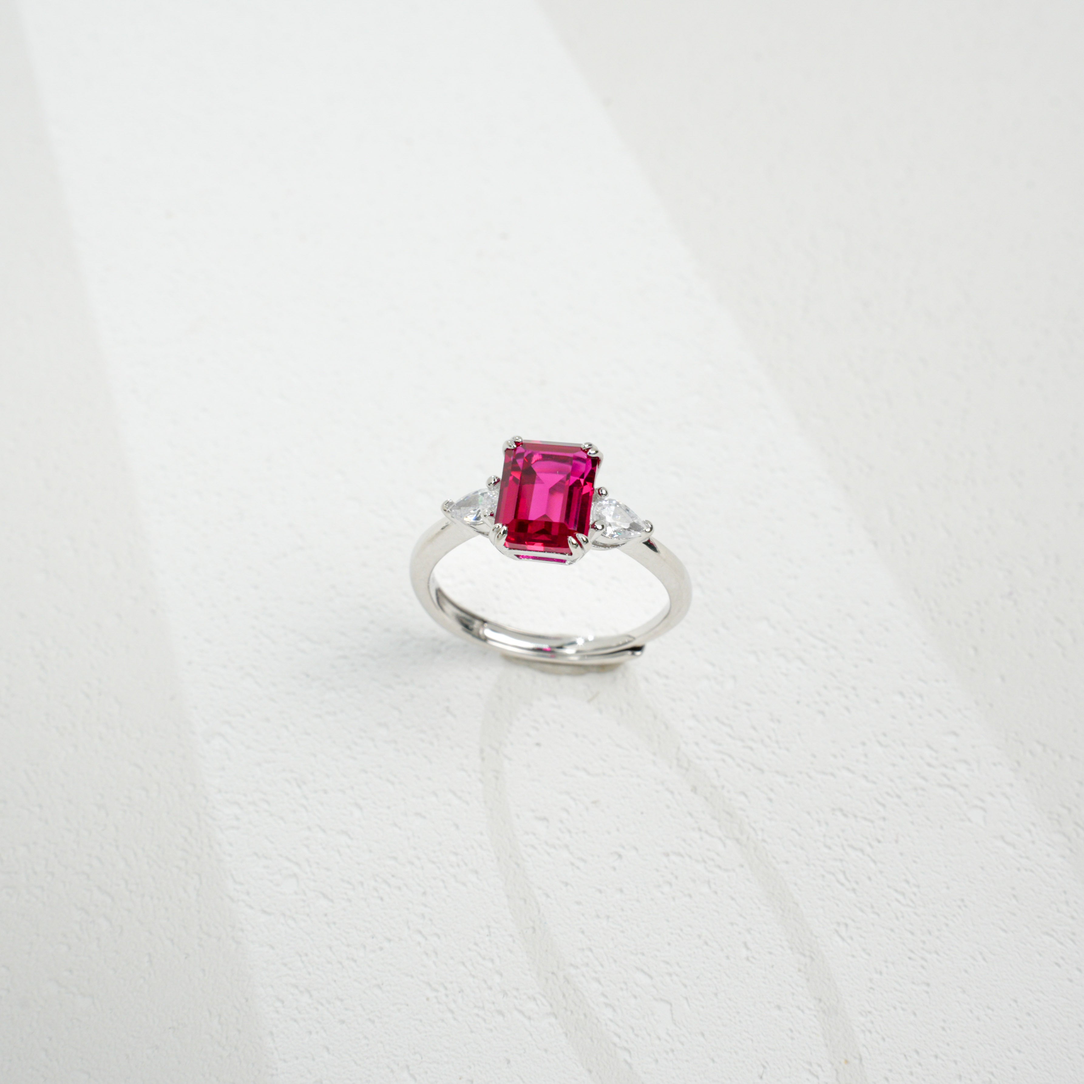 Lab-Grown Ruby Ring | S925 Sterling Silver Plated 18K Gold, Emerald Cut with Trillion - Cut Zircon Accents, Luxury Gemstone Jewelry