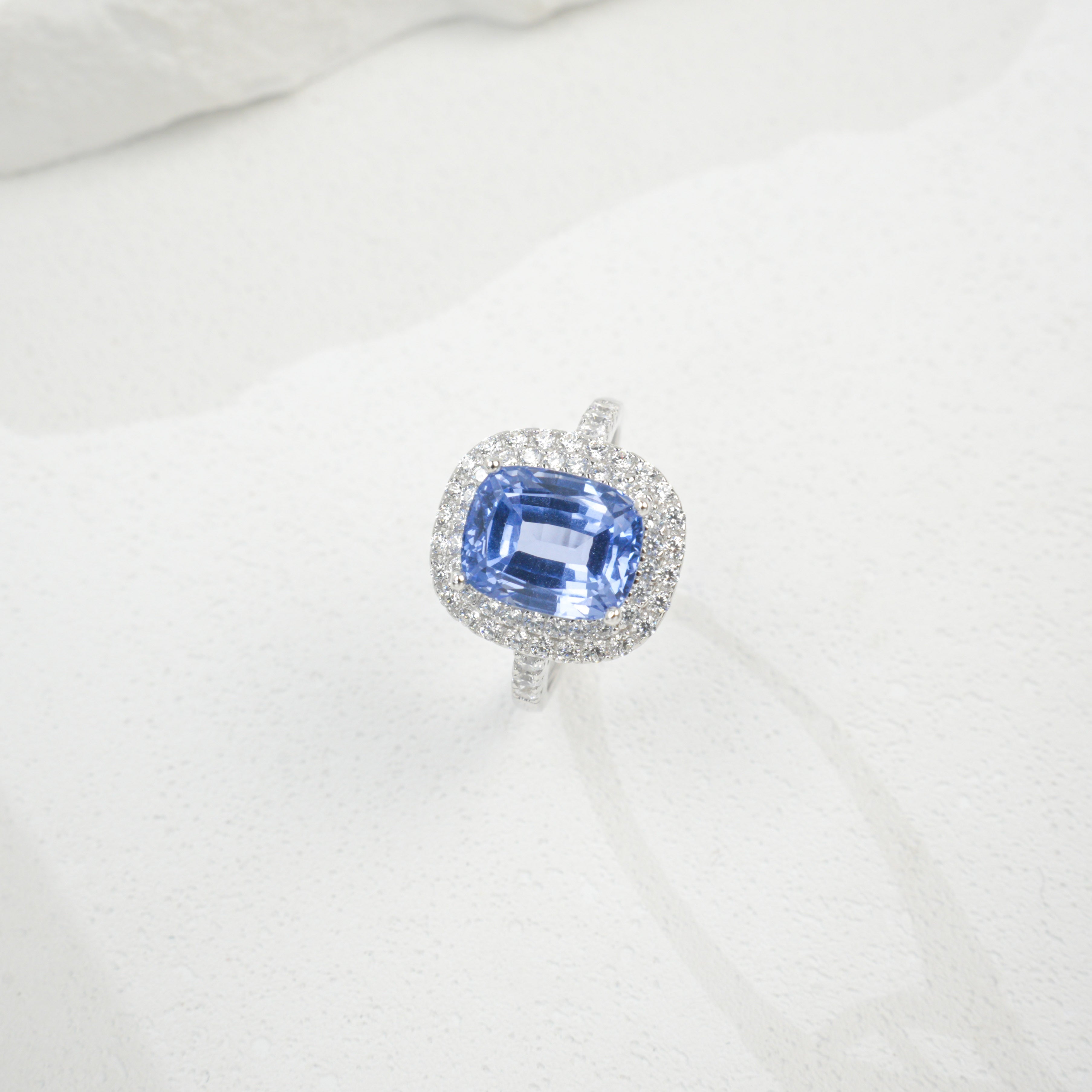 Lab-Grown Sapphire - Diamond-Halo Square Court Deep Blue Ring