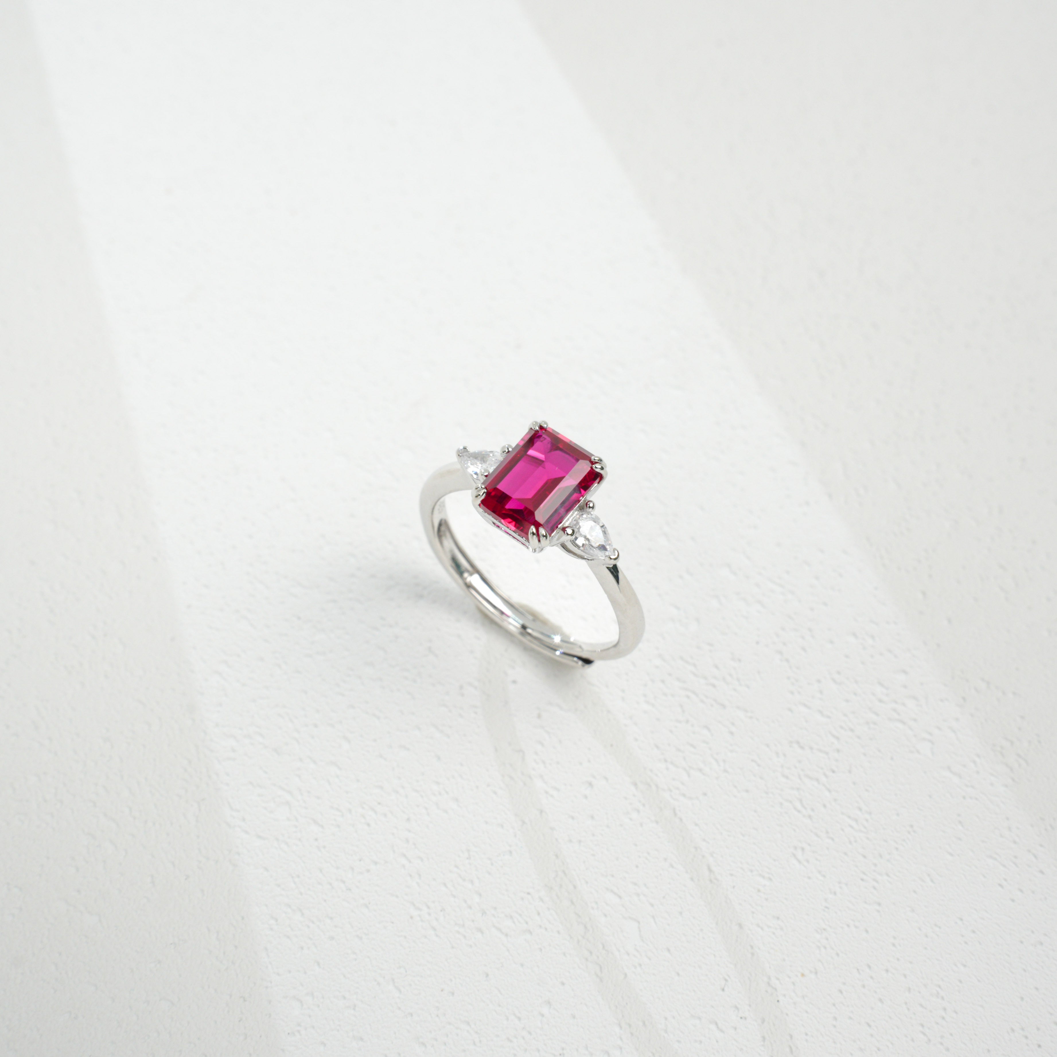 Lab-Grown Ruby Ring | S925 Sterling Silver Plated 18K Gold, Emerald Cut with Trillion - Cut Zircon Accents, Luxury Gemstone Jewelry