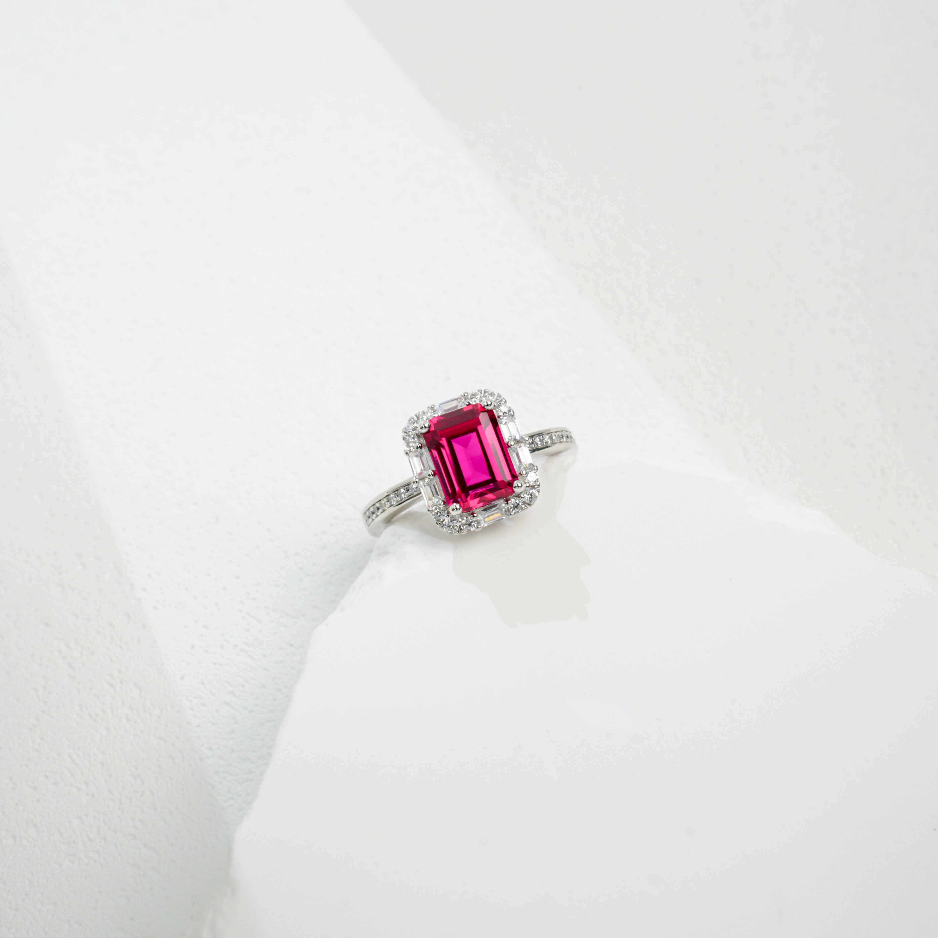 Lab-Grown Ruby Ring | S925 Sterling Silver Plated 18K Gold, Emerald Cut with Baguette & Round Zircon Halo, Luxury Gemstone Jewelry
