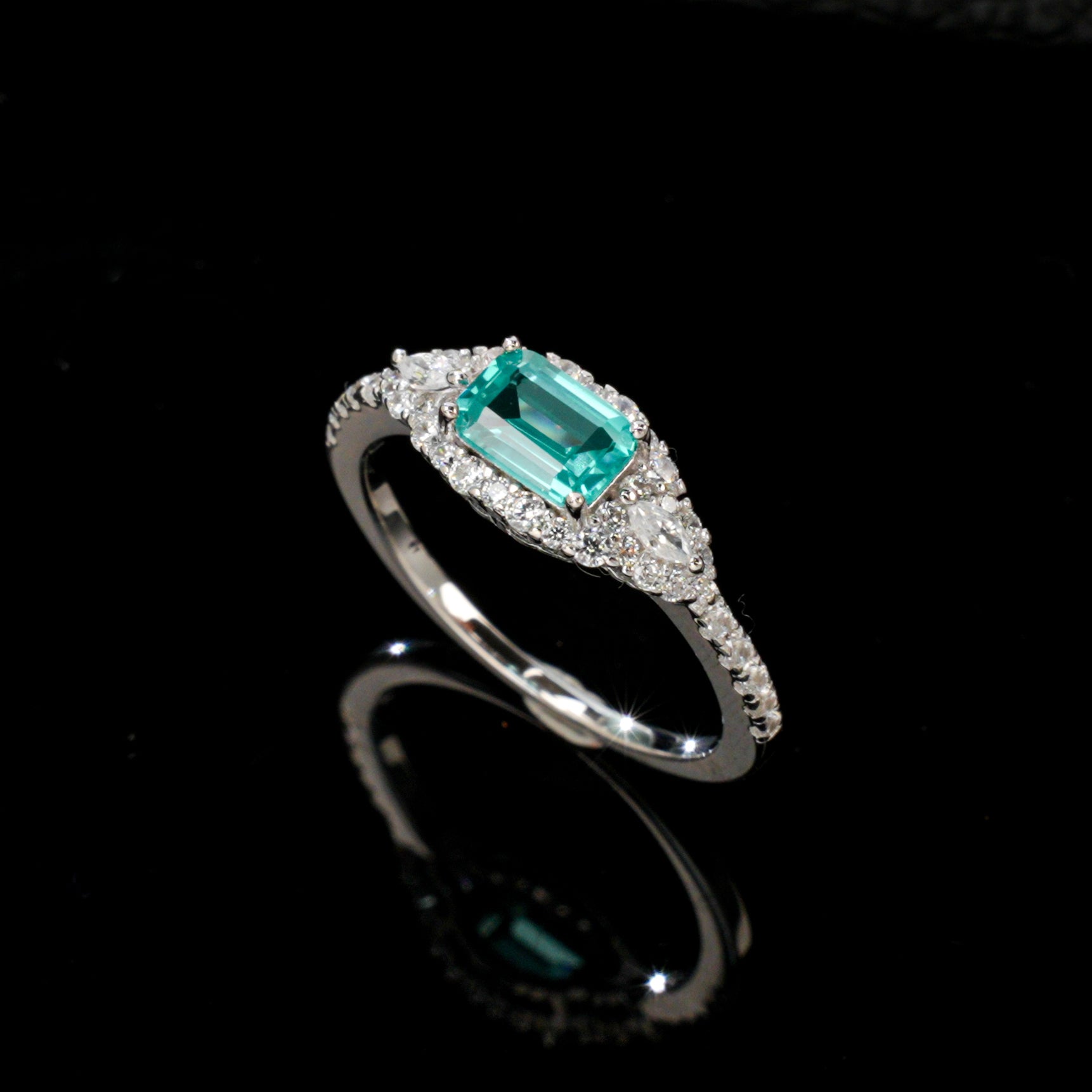 Lab-Grown Paraiba Tourmaline - Diamond Cluster Ocean Blue Fairy Trail Ring