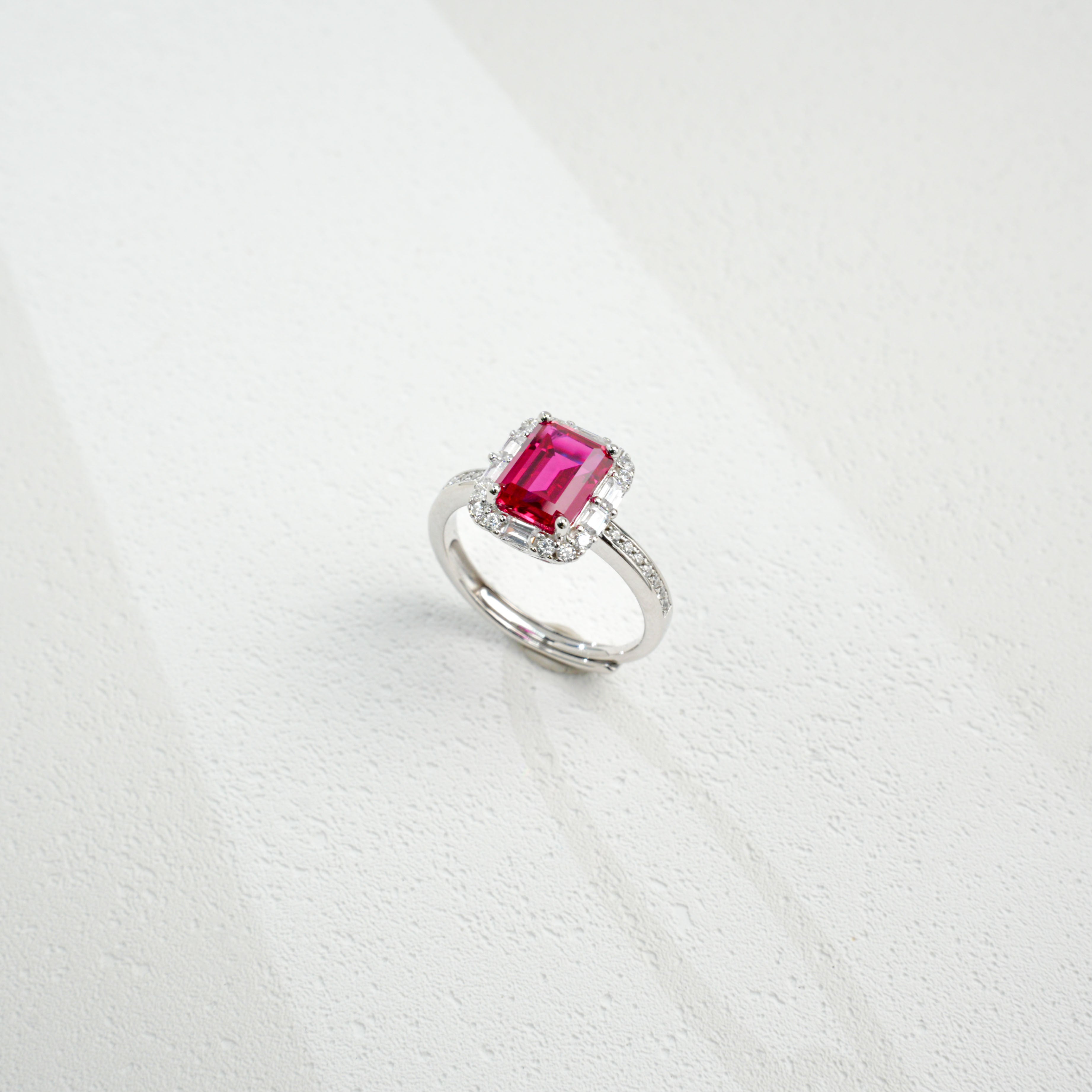 Lab-Grown Ruby Ring | S925 Sterling Silver Plated 18K Gold, Emerald Cut with Baguette & Round Zircon Halo, Luxury Gemstone Jewelry