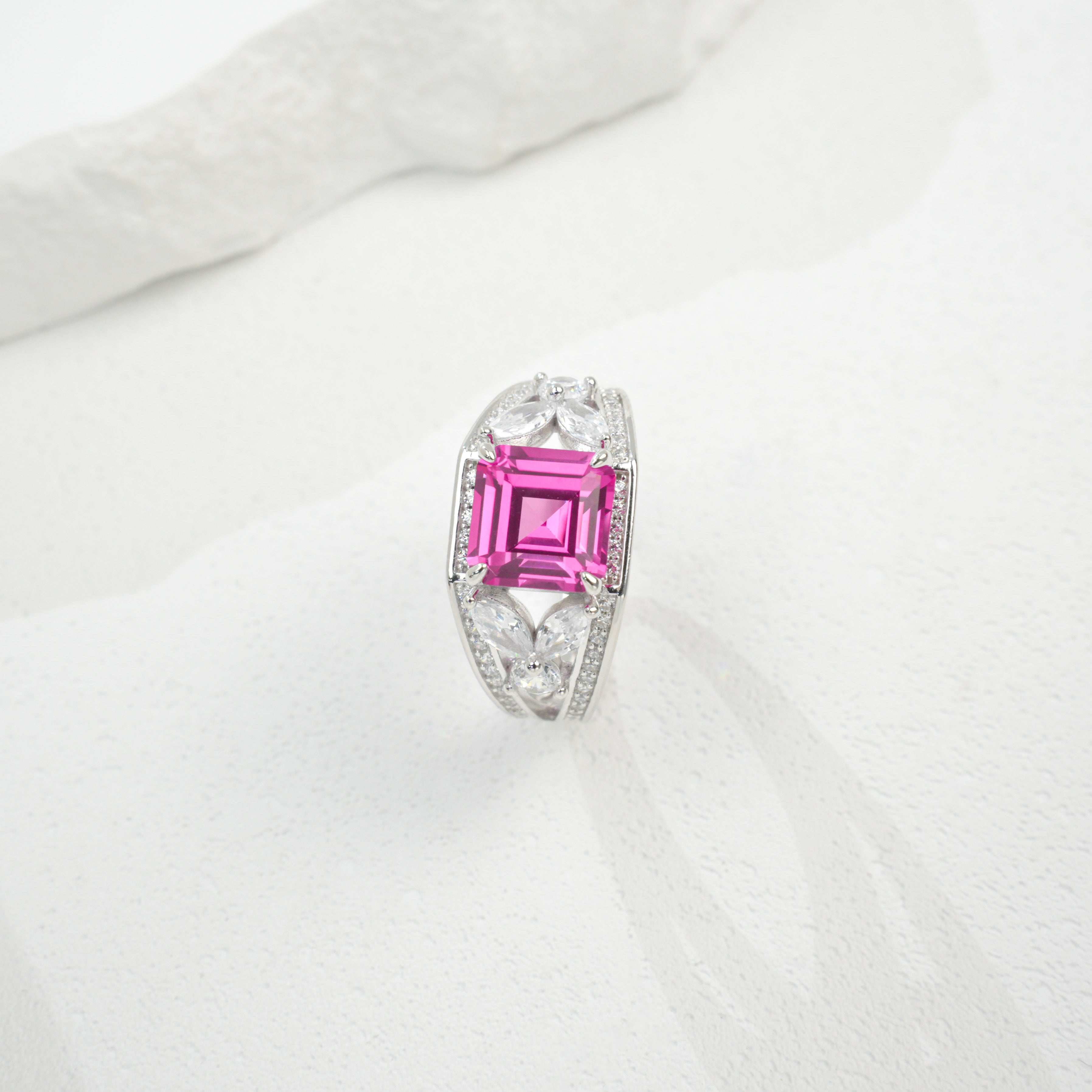 Lab-Grown Padparadscha - Diamond-Halo Rosy Square Soft Crimson Ring