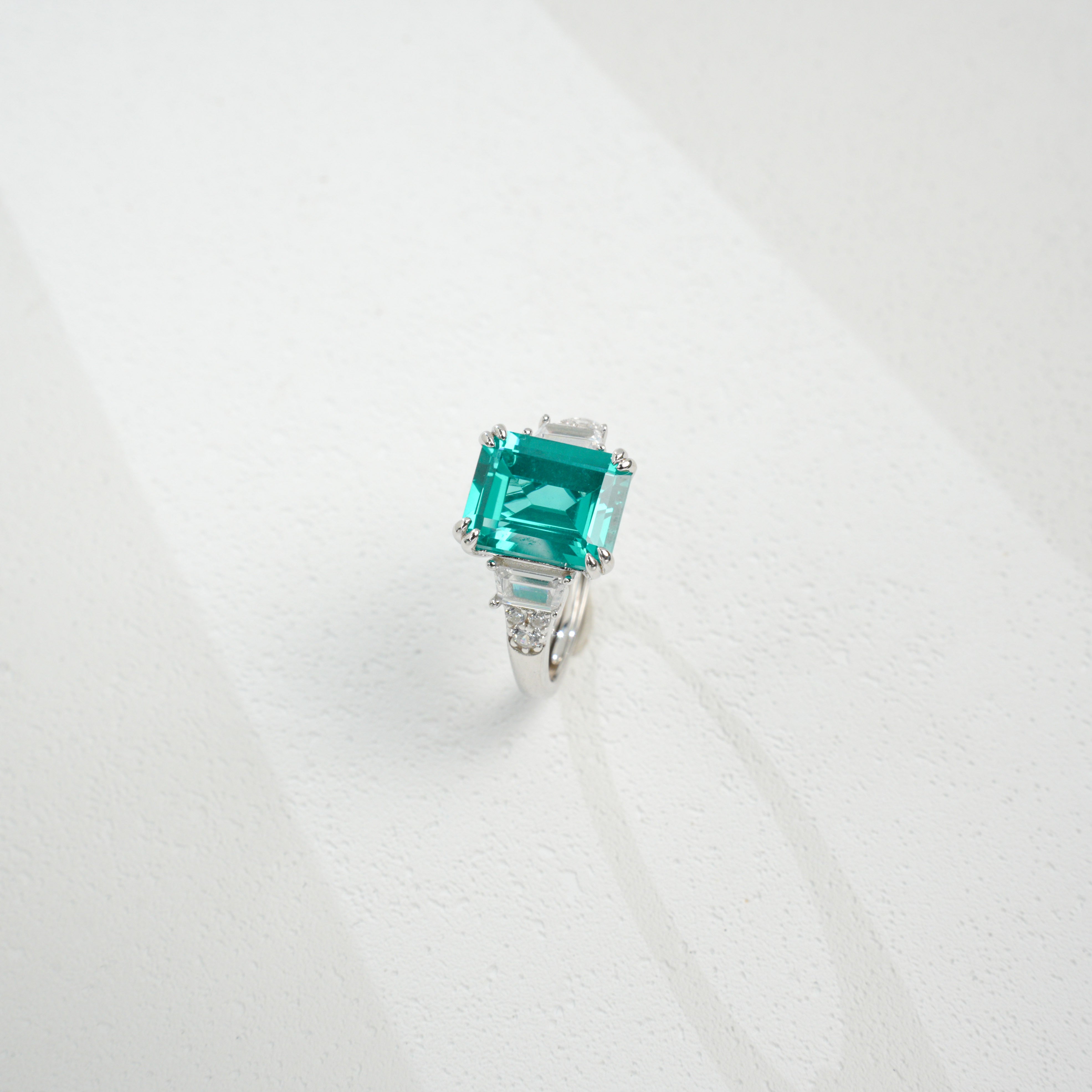 Lab - Grown Paraiba Tourmaline Ring | S925 Sterling Silver Plated 18K Gold, Emerald Cut with Baguette Zircon Accents, Luxury Gemstone Jewelry