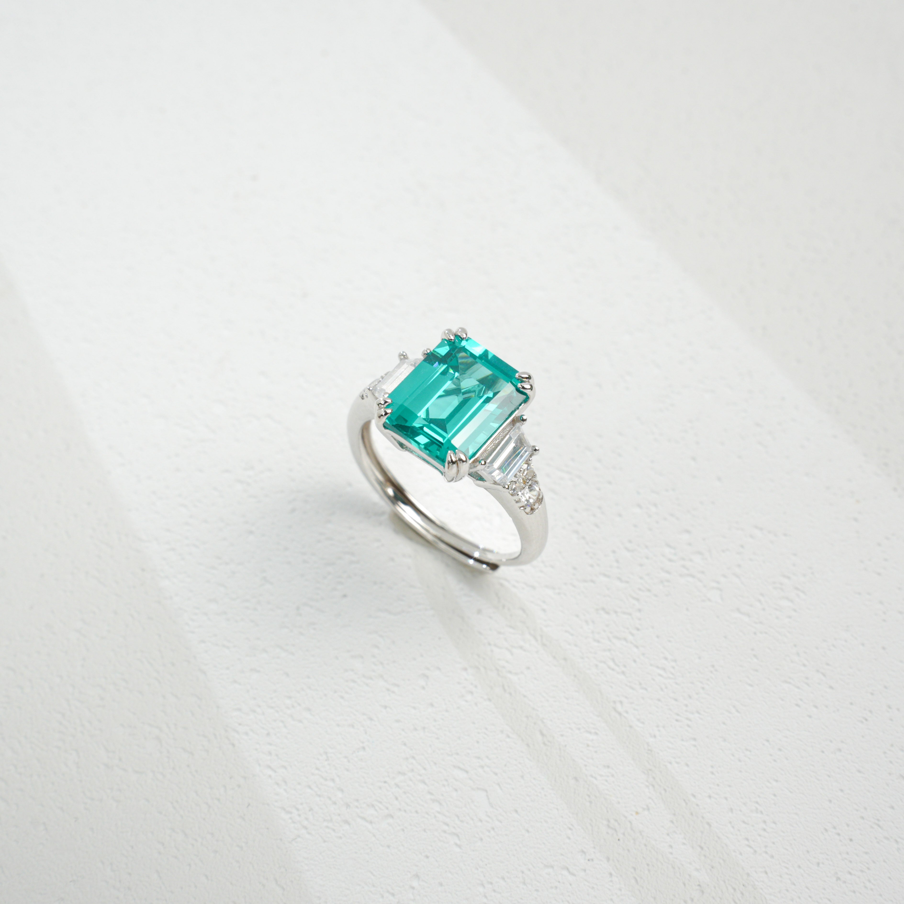 Lab - Grown Paraiba Tourmaline Ring | S925 Sterling Silver Plated 18K Gold, Emerald Cut with Baguette Zircon Accents, Luxury Gemstone Jewelry