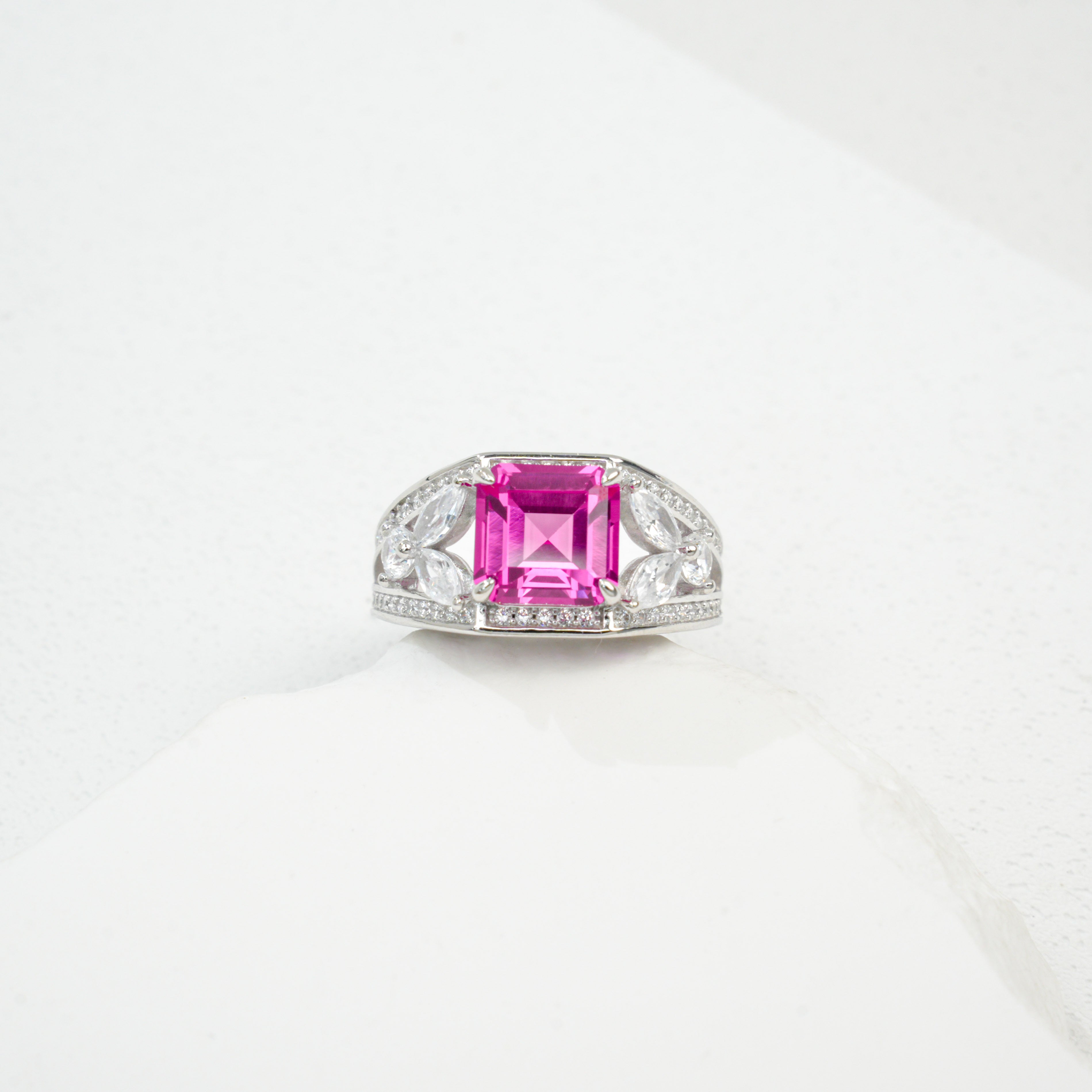 Lab-Grown Padparadscha - Diamond-Halo Rosy Square Soft Crimson Ring