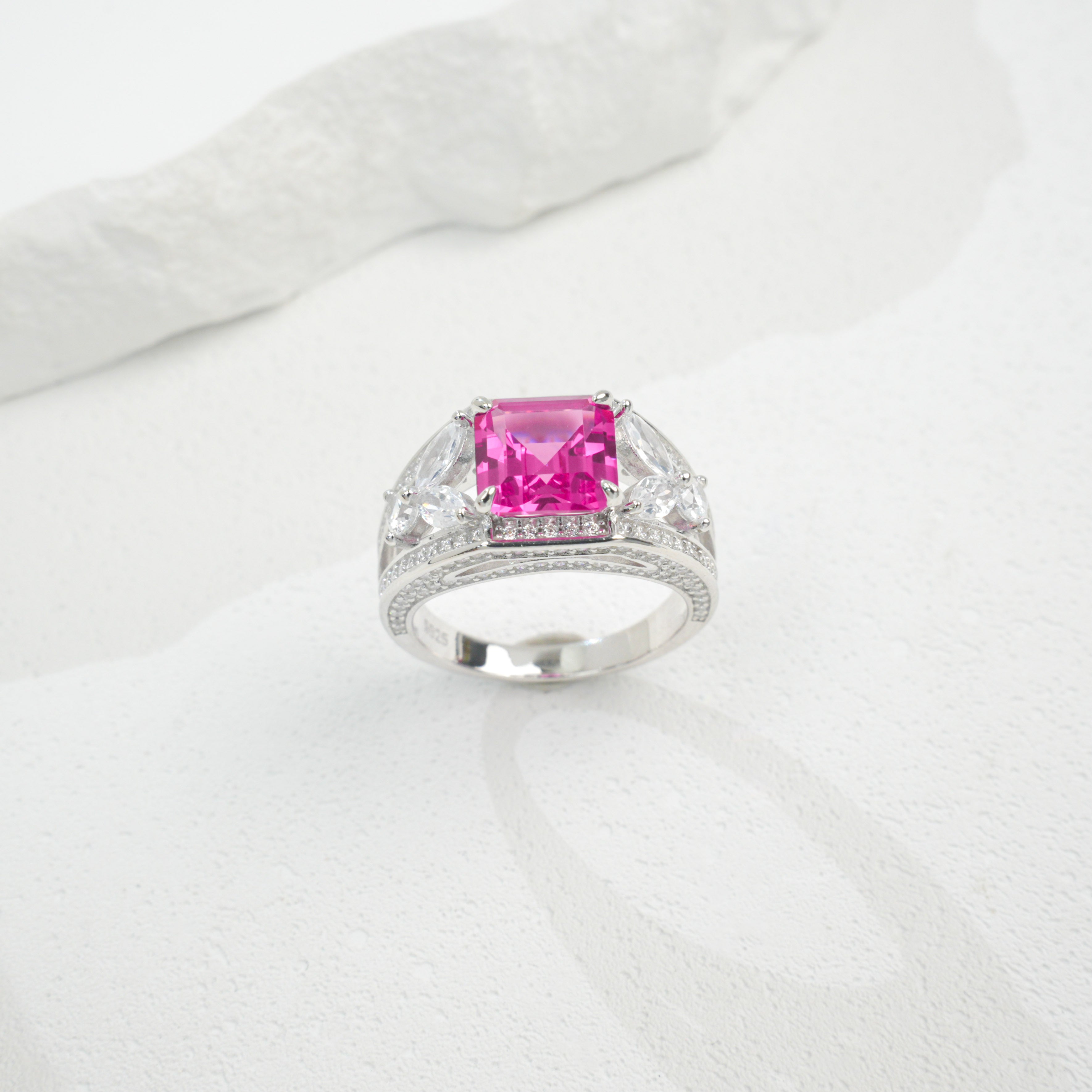 Lab-Grown Padparadscha - Diamond-Halo Rosy Square Soft Crimson Ring
