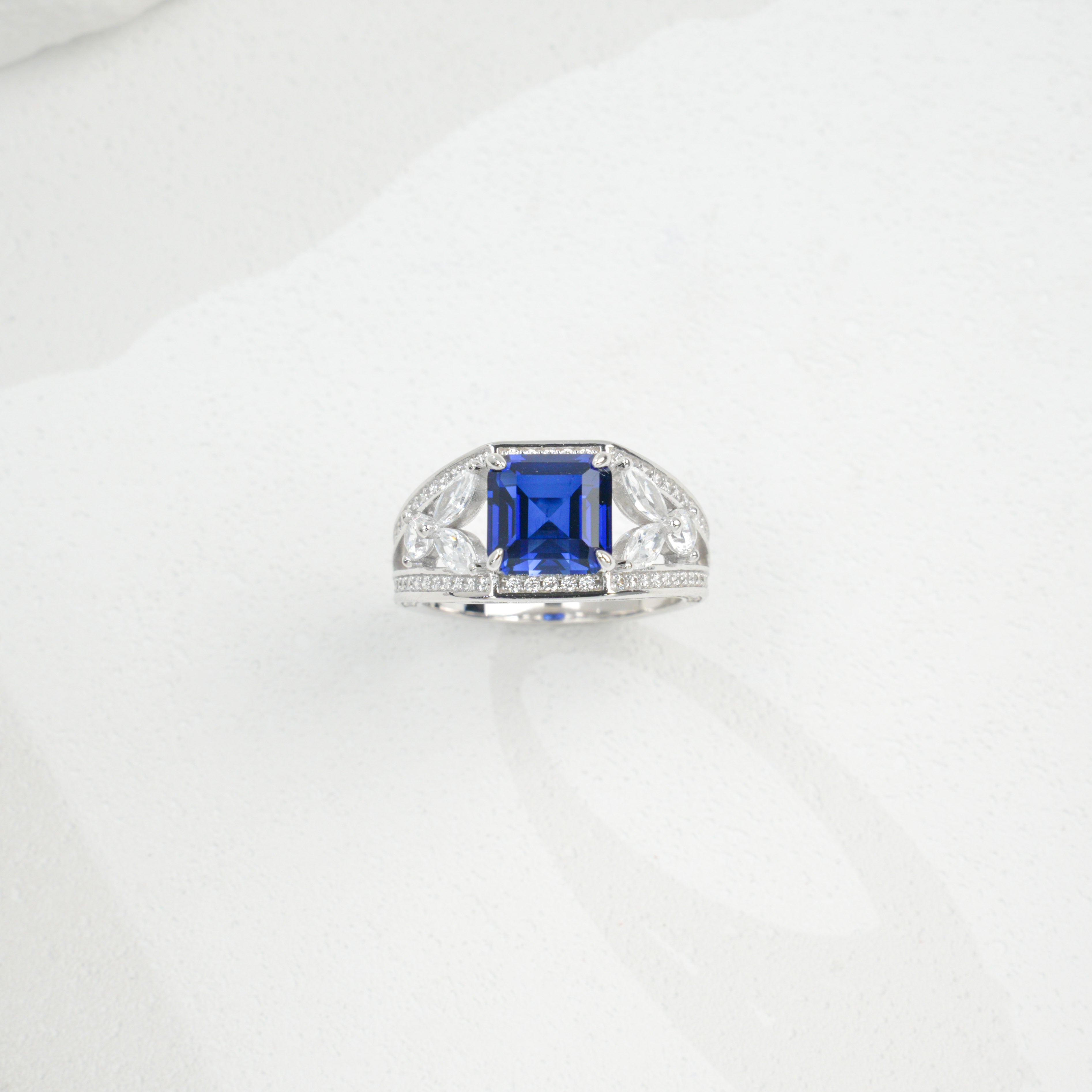 Lab-Grown Padparadscha - Diamond-Halo Rosy Square Soft Crimson Ring