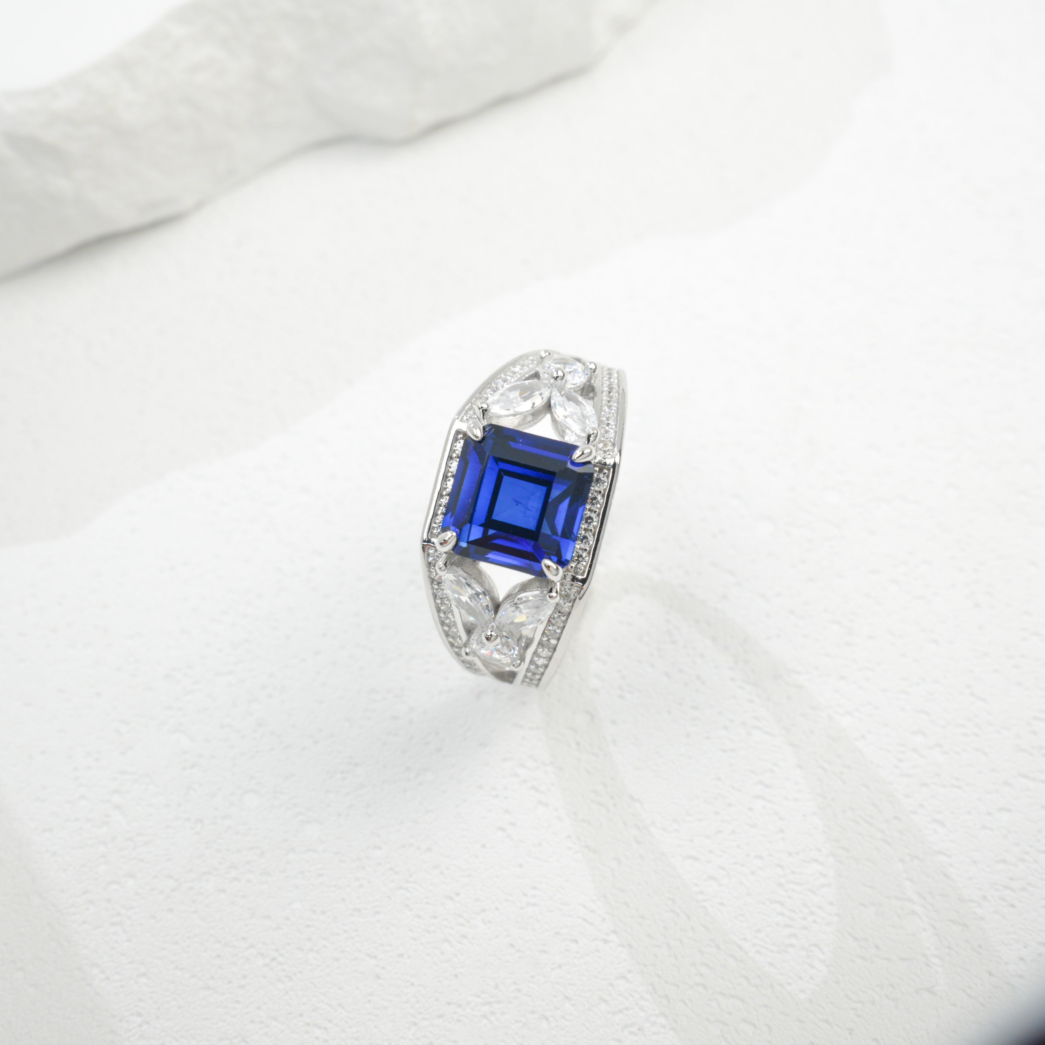 Lab-Grown Padparadscha - Diamond-Halo Rosy Square Soft Crimson Ring