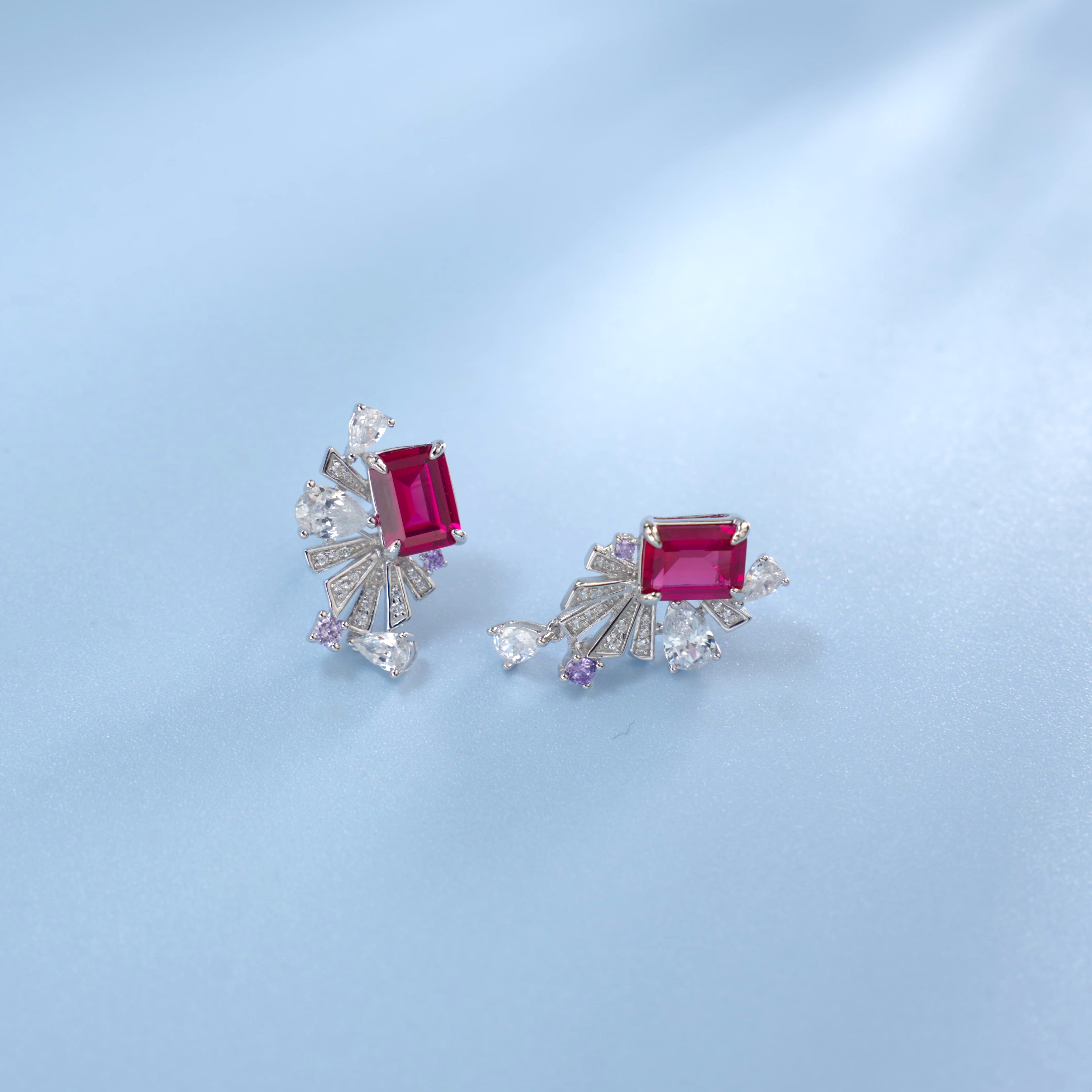 Luxurious Lab-Grown Ruby S925 Silver with 18K Gold Plating Earrings - Adorned with Sparkling Diamonds and Amethysts, Exuding Noble Elegance