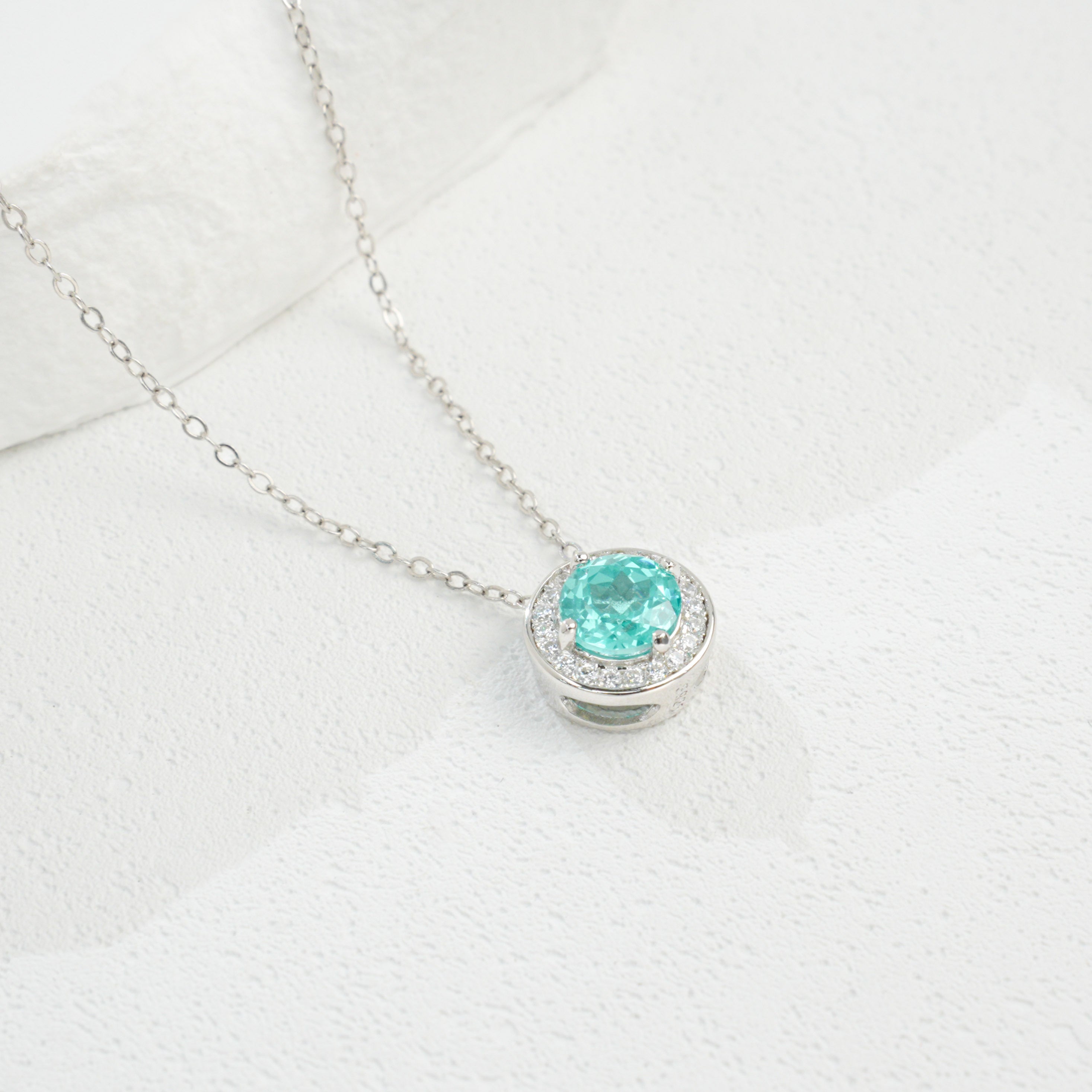 Lab - Grown Paraiba Tourmaline Necklace, S928 Silver Plated with 18K Gold, Halo Diamond - Accented Design