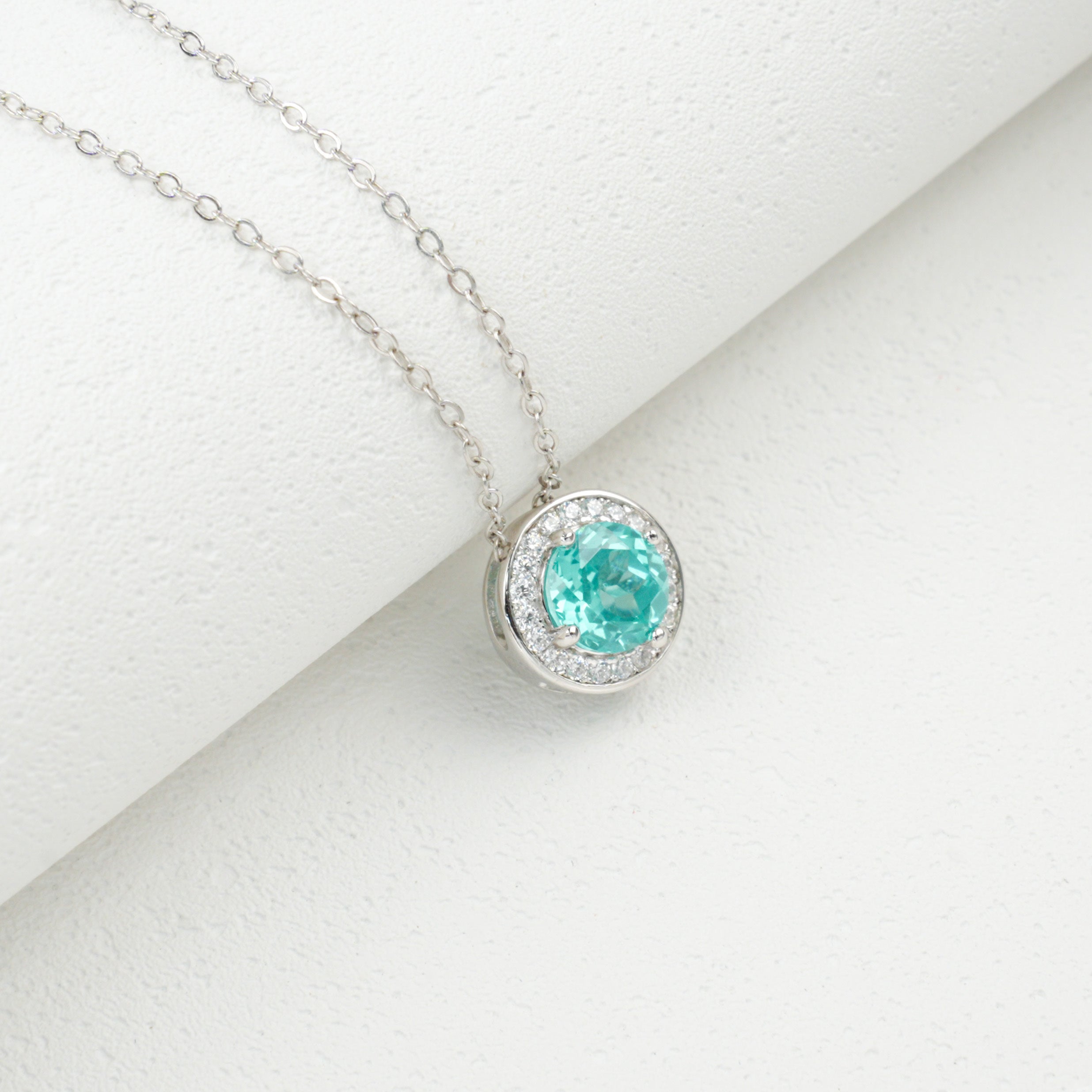 Lab - Grown Paraiba Tourmaline Necklace, S928 Silver Plated with 18K Gold, Halo Diamond - Accented Design