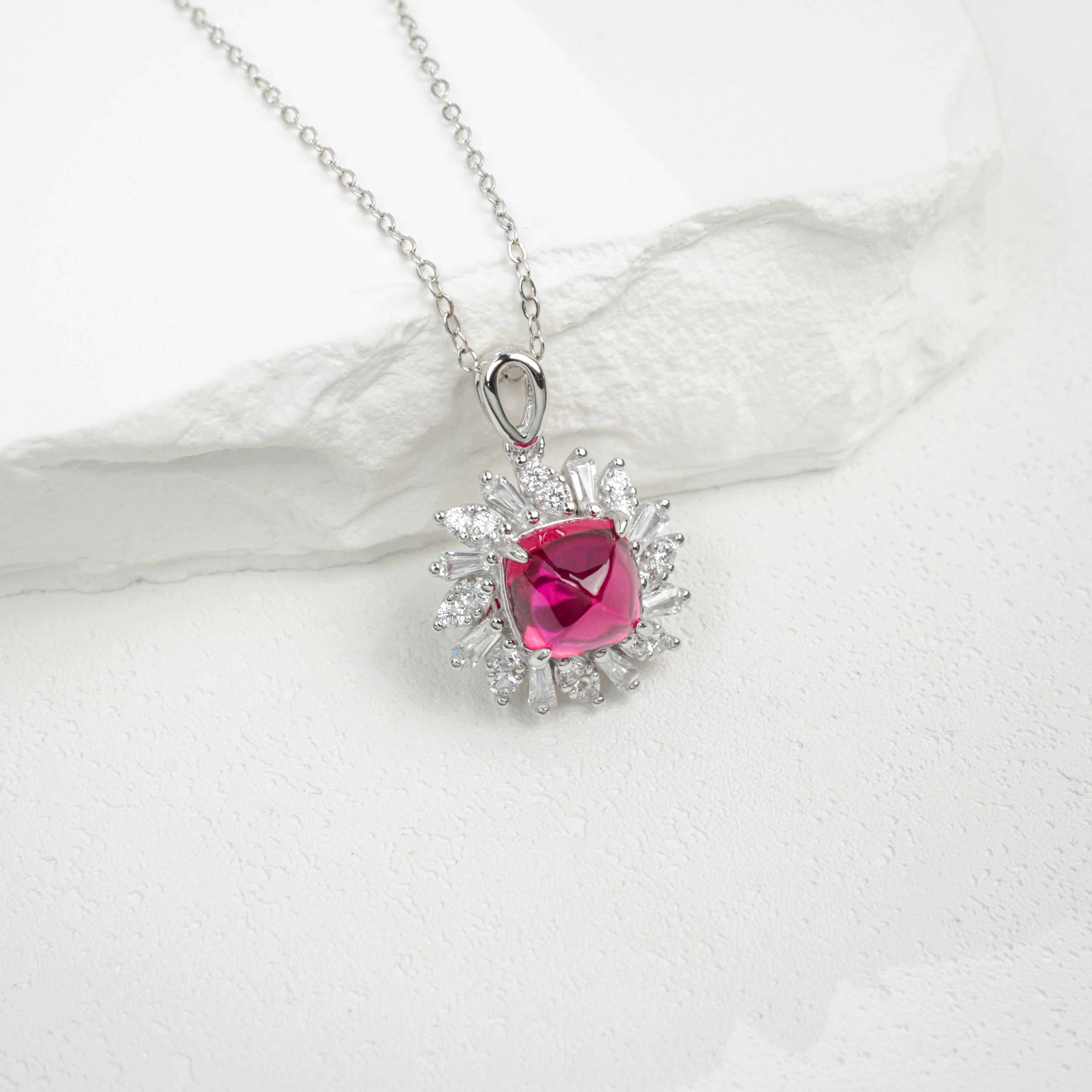 Lab-Grown Ruby Pendant Necklace | S925 Sterling Silver Plated 18K Gold, Cushion Cut with Halo Zircon Accents, Elegant Gemstone Jewelry