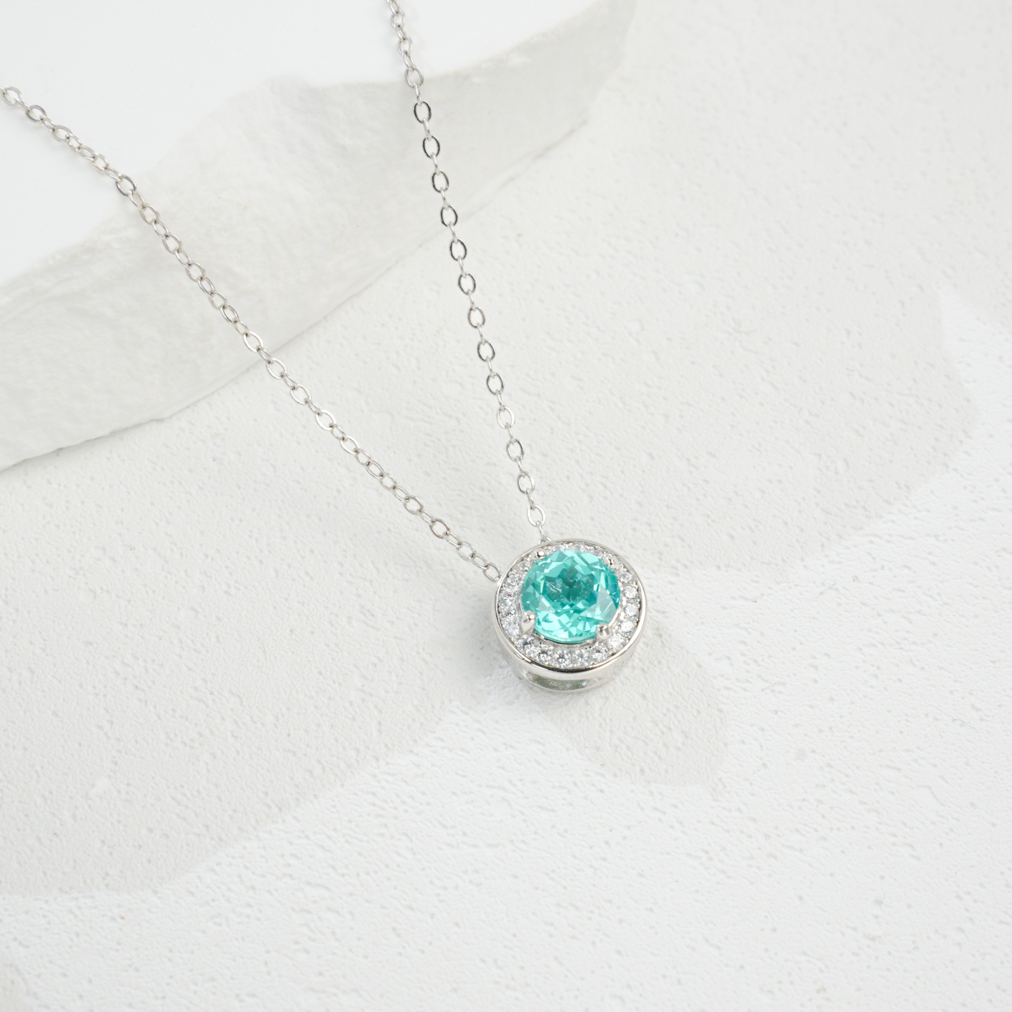 Lab - Grown Paraiba Tourmaline Necklace, S928 Silver Plated with 18K Gold, Halo Diamond - Accented Design
