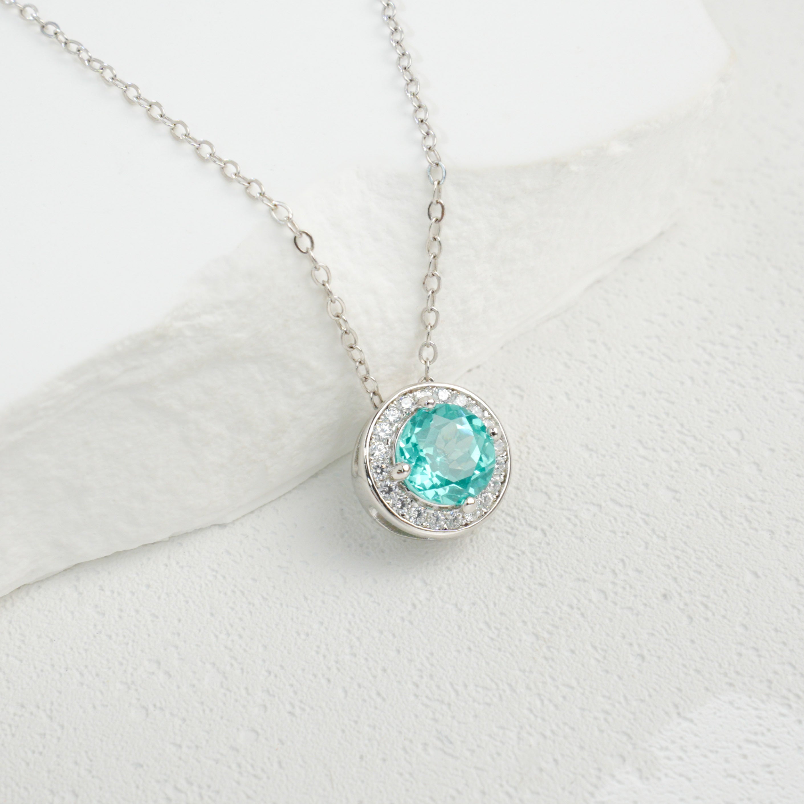 Lab - Grown Paraiba Tourmaline Necklace, S928 Silver Plated with 18K Gold, Halo Diamond - Accented Design