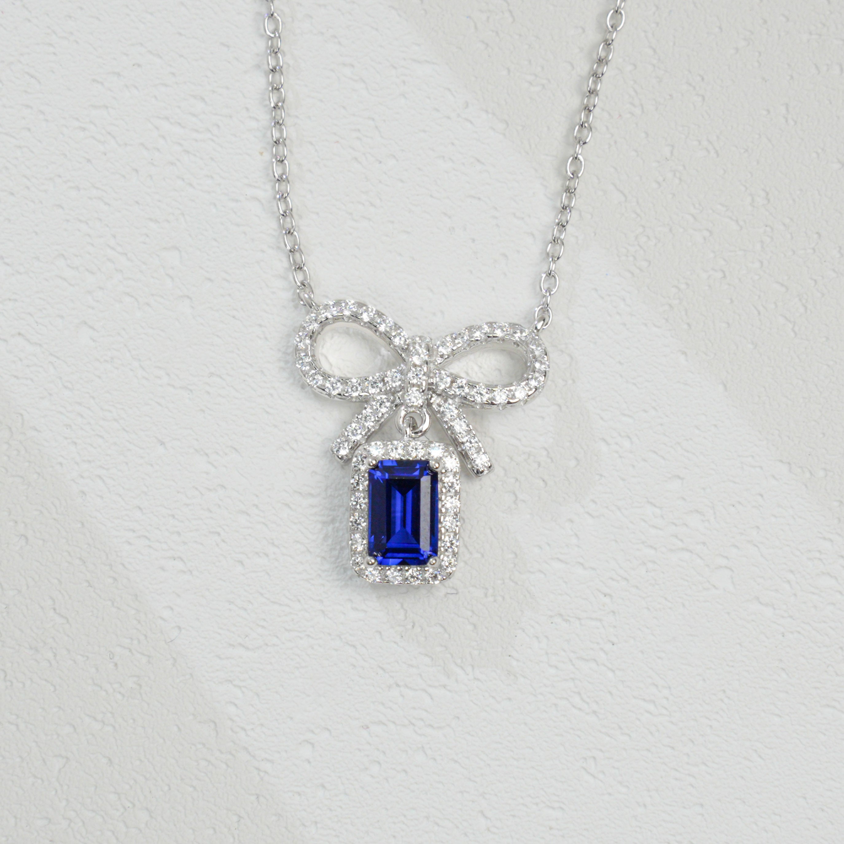 Lab-Grown Ruby and Sapphire Bow - Shaped Pendant Necklaces | S925 Sterling Silver Plated 18K Gold, Emerald Cut with Halo Zircon Accents, Charming Gemstone Jewelry
