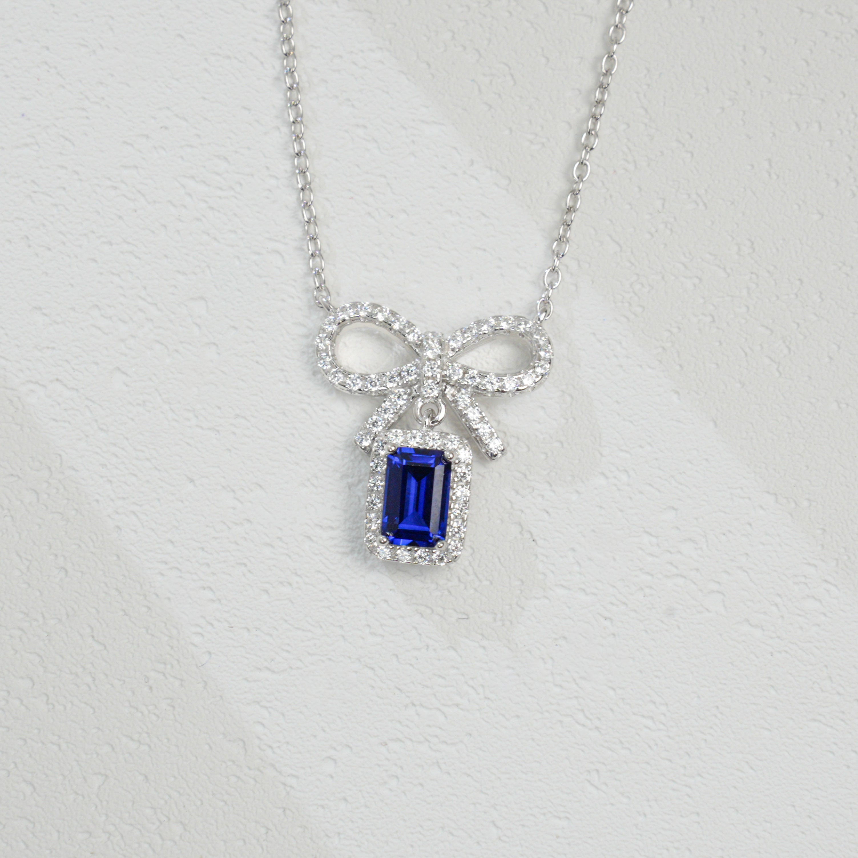 Lab-Grown Ruby and Sapphire Bow - Shaped Pendant Necklaces | S925 Sterling Silver Plated 18K Gold, Emerald Cut with Halo Zircon Accents, Charming Gemstone Jewelry