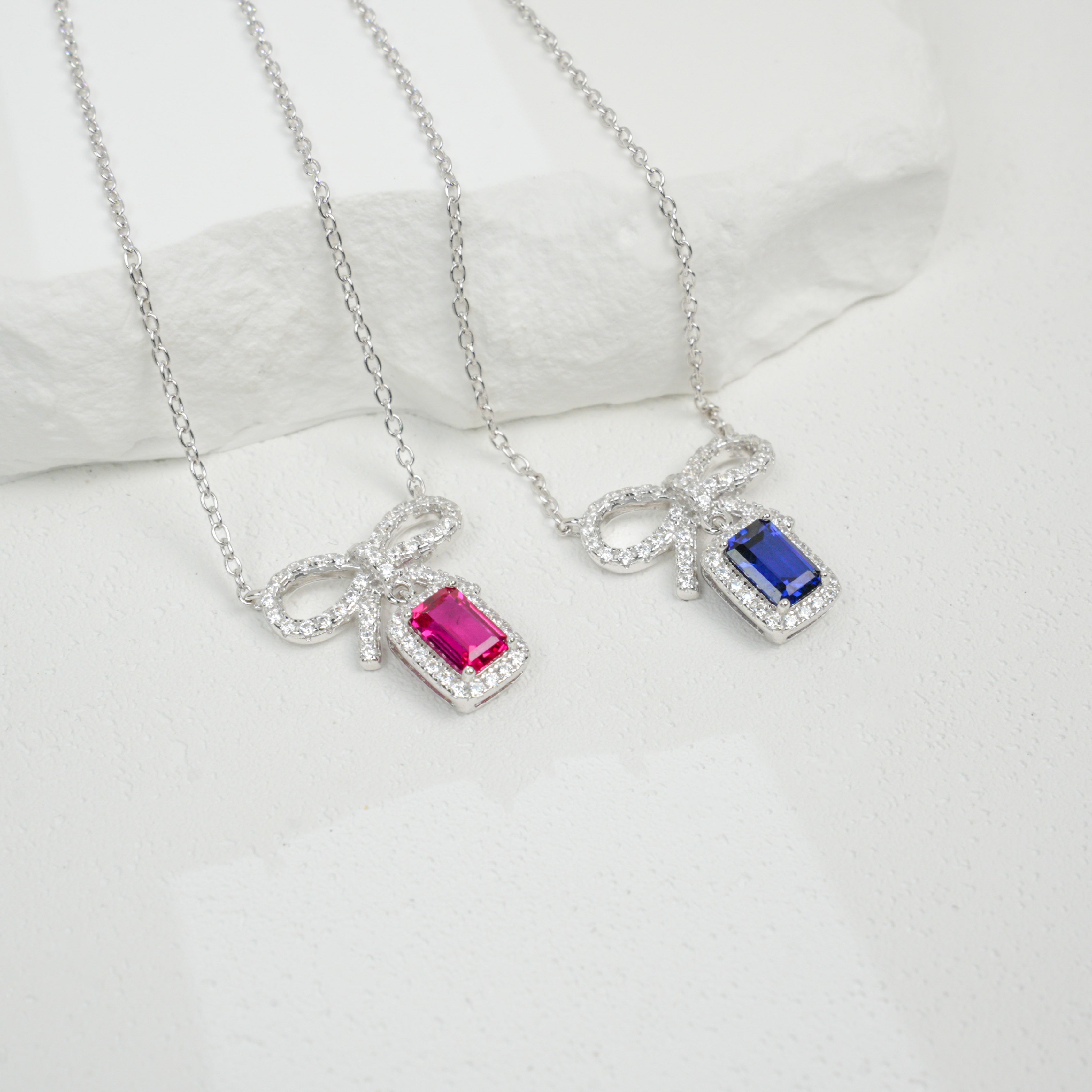 Lab-Grown Ruby and Sapphire Bow - Shaped Pendant Necklaces | S925 Sterling Silver Plated 18K Gold, Emerald Cut with Halo Zircon Accents, Charming Gemstone Jewelry
