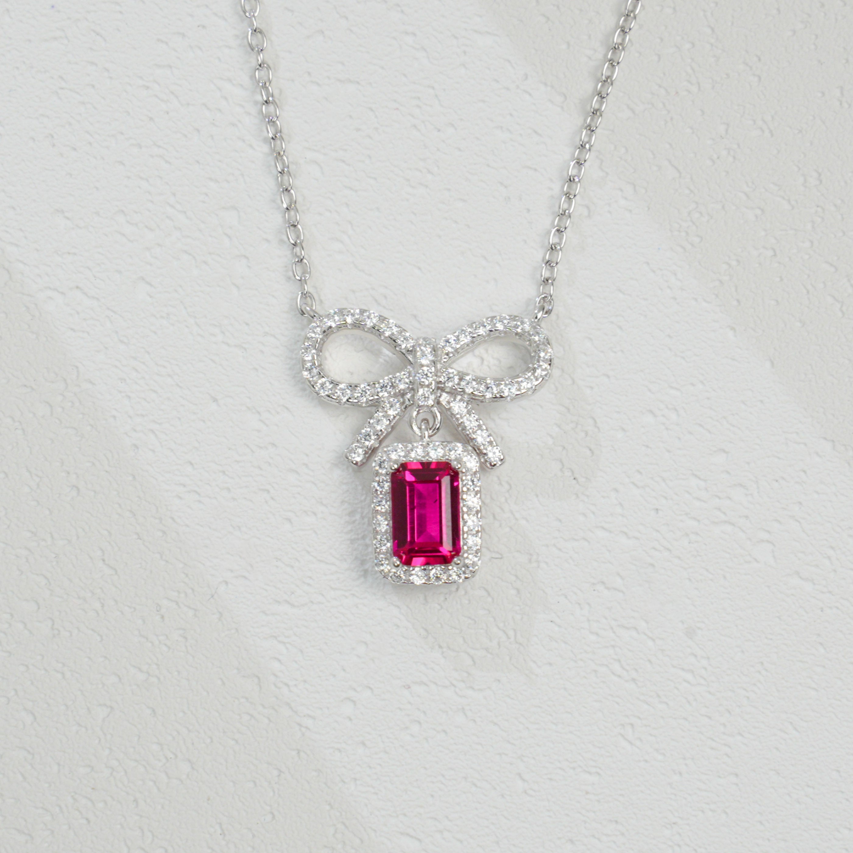 Lab-Grown Ruby and Sapphire Bow - Shaped Pendant Necklaces | S925 Sterling Silver Plated 18K Gold, Emerald Cut with Halo Zircon Accents, Charming Gemstone Jewelry