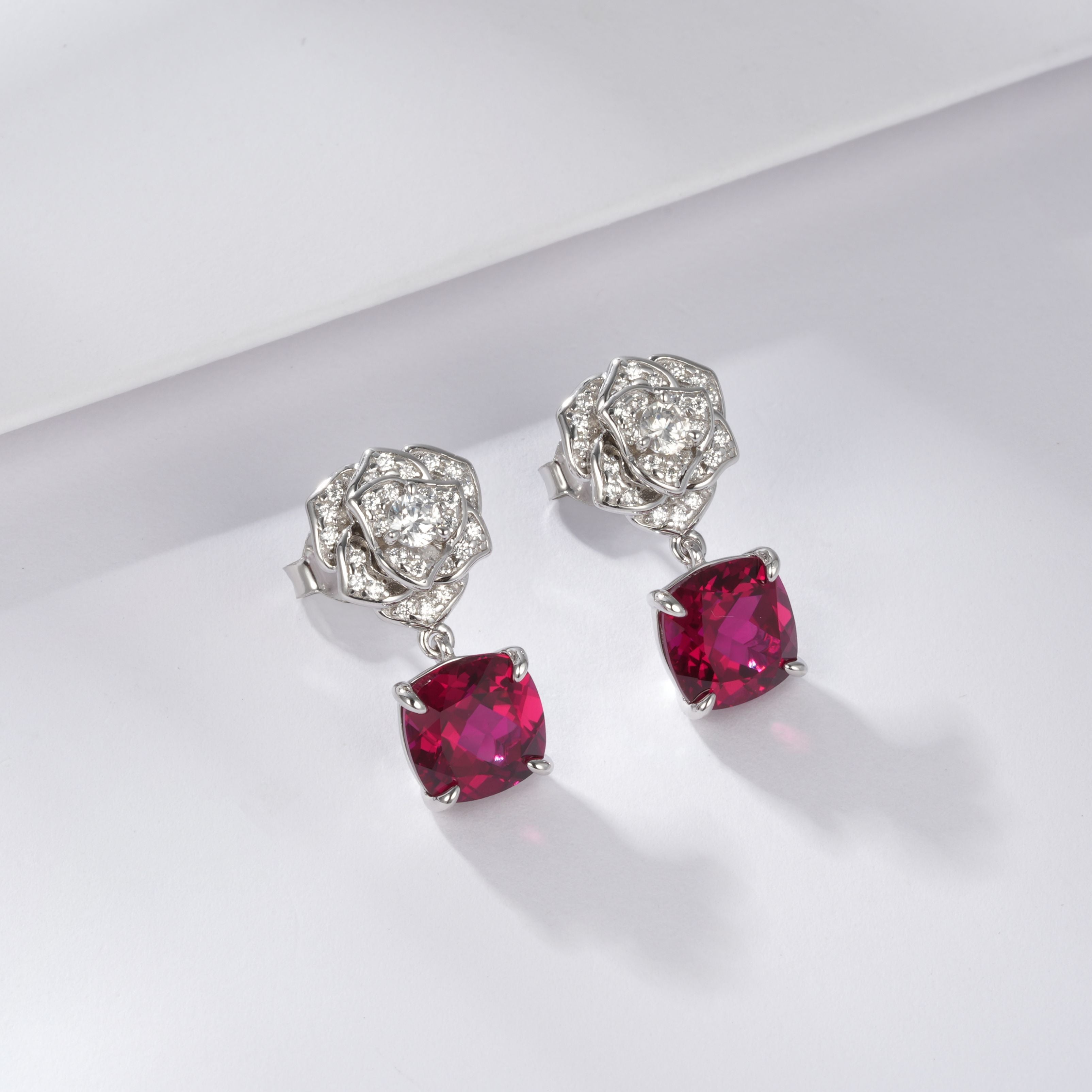 Lab-Grown Ruby - Crimson Square Diamond Flower Layered Drop Earrings