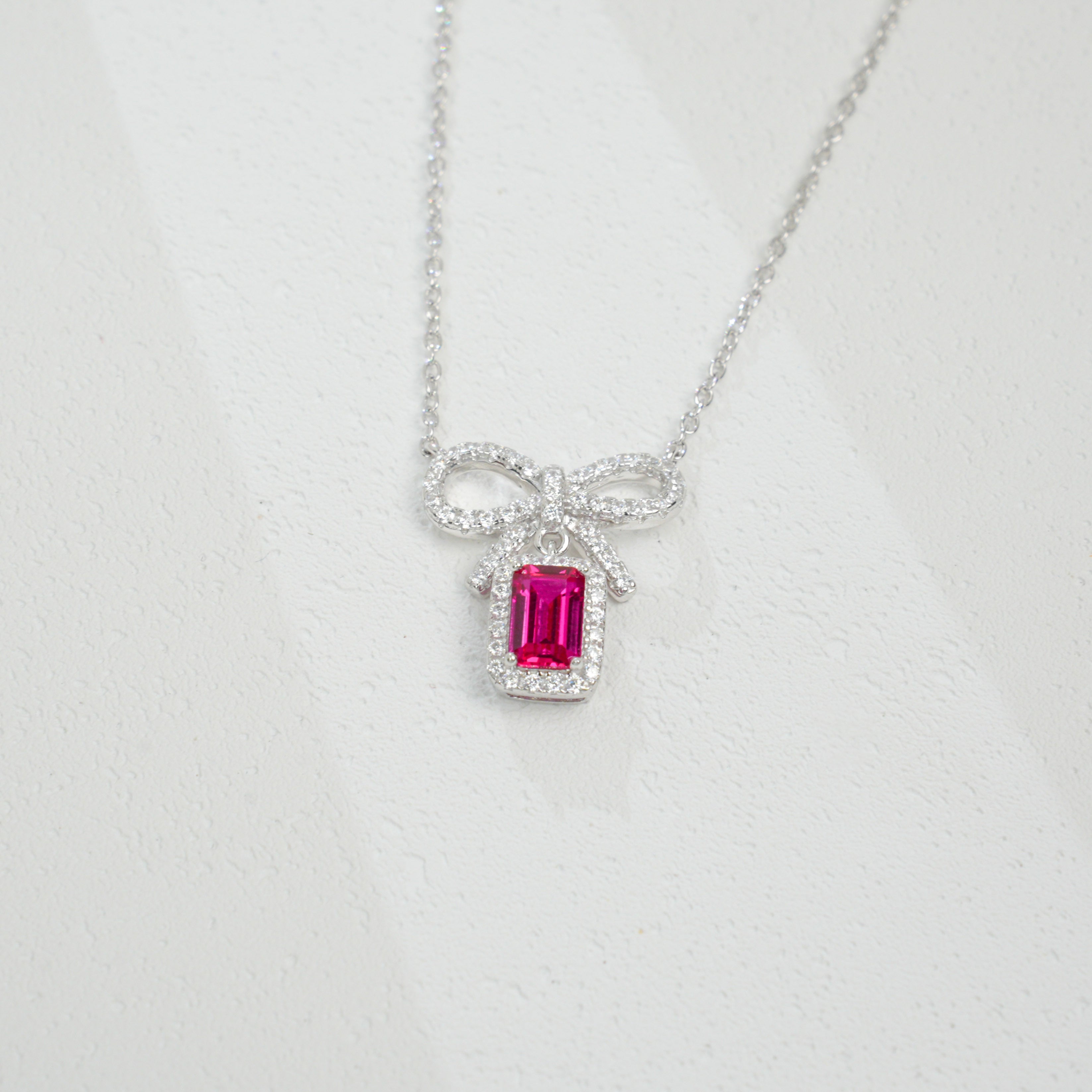 Lab-Grown Ruby and Sapphire Bow - Shaped Pendant Necklaces | S925 Sterling Silver Plated 18K Gold, Emerald Cut with Halo Zircon Accents, Charming Gemstone Jewelry