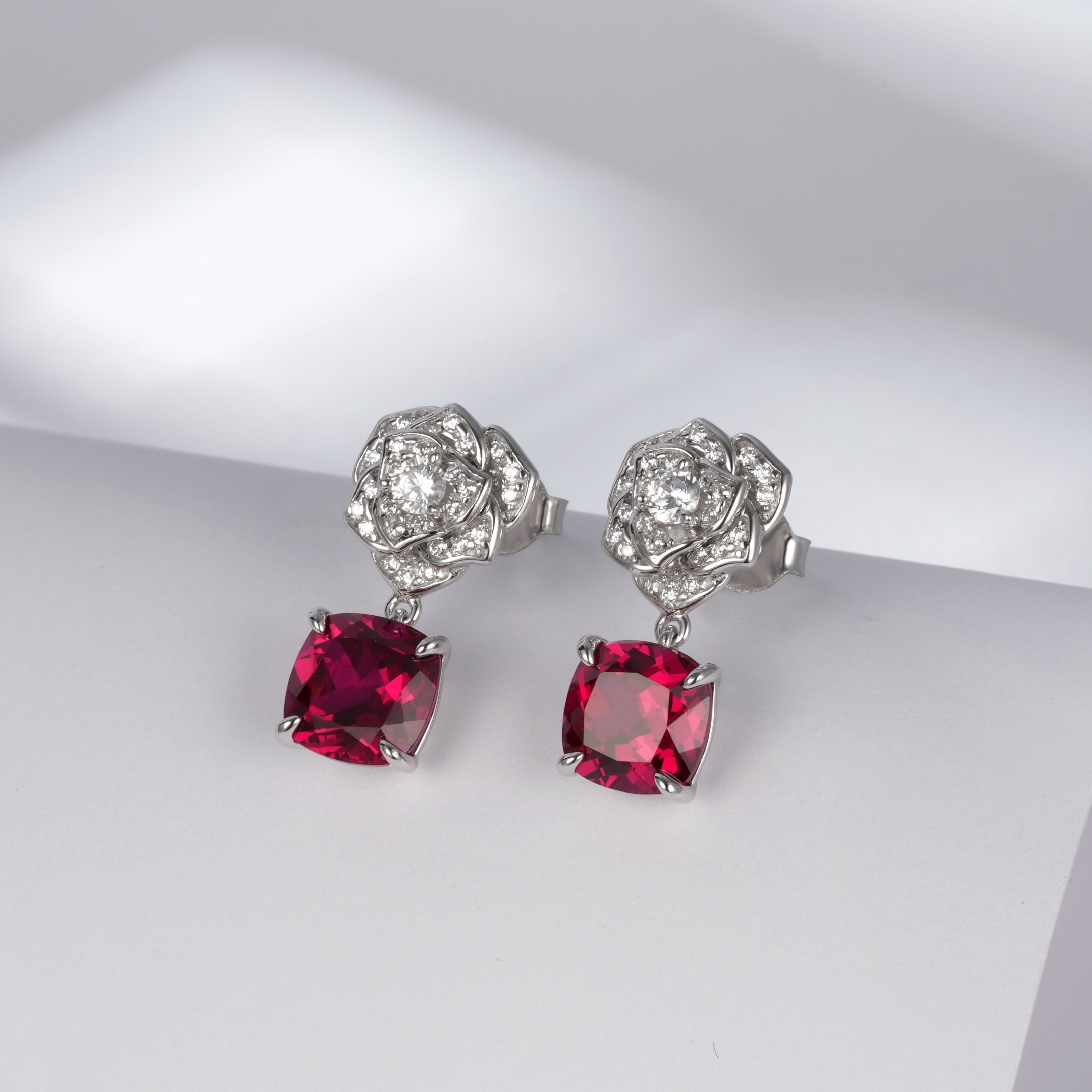 Lab-Grown Ruby - Crimson Square Diamond Flower Layered Drop Earrings