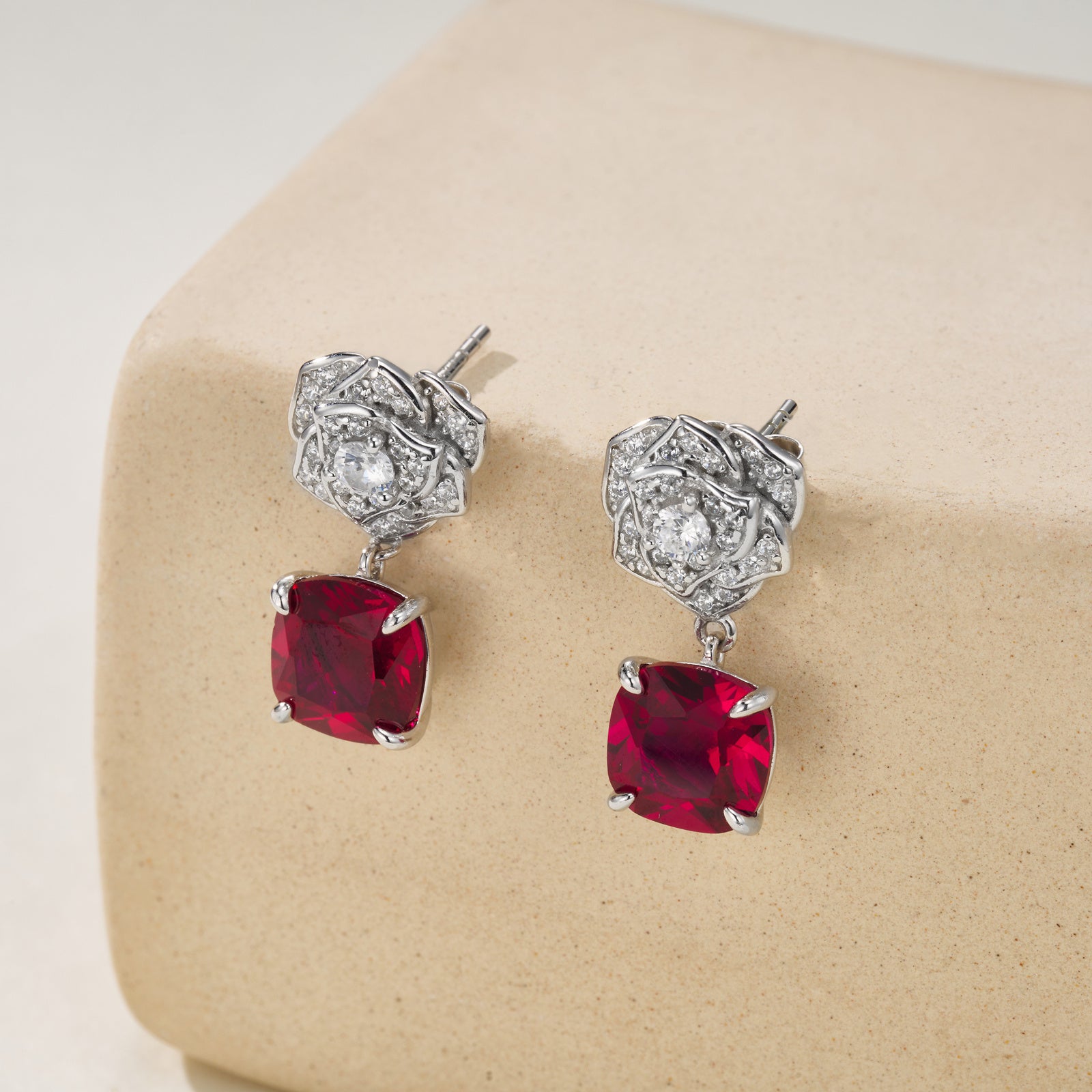 Lab-Grown Ruby - Crimson Square Diamond Flower Layered Drop Earrings
