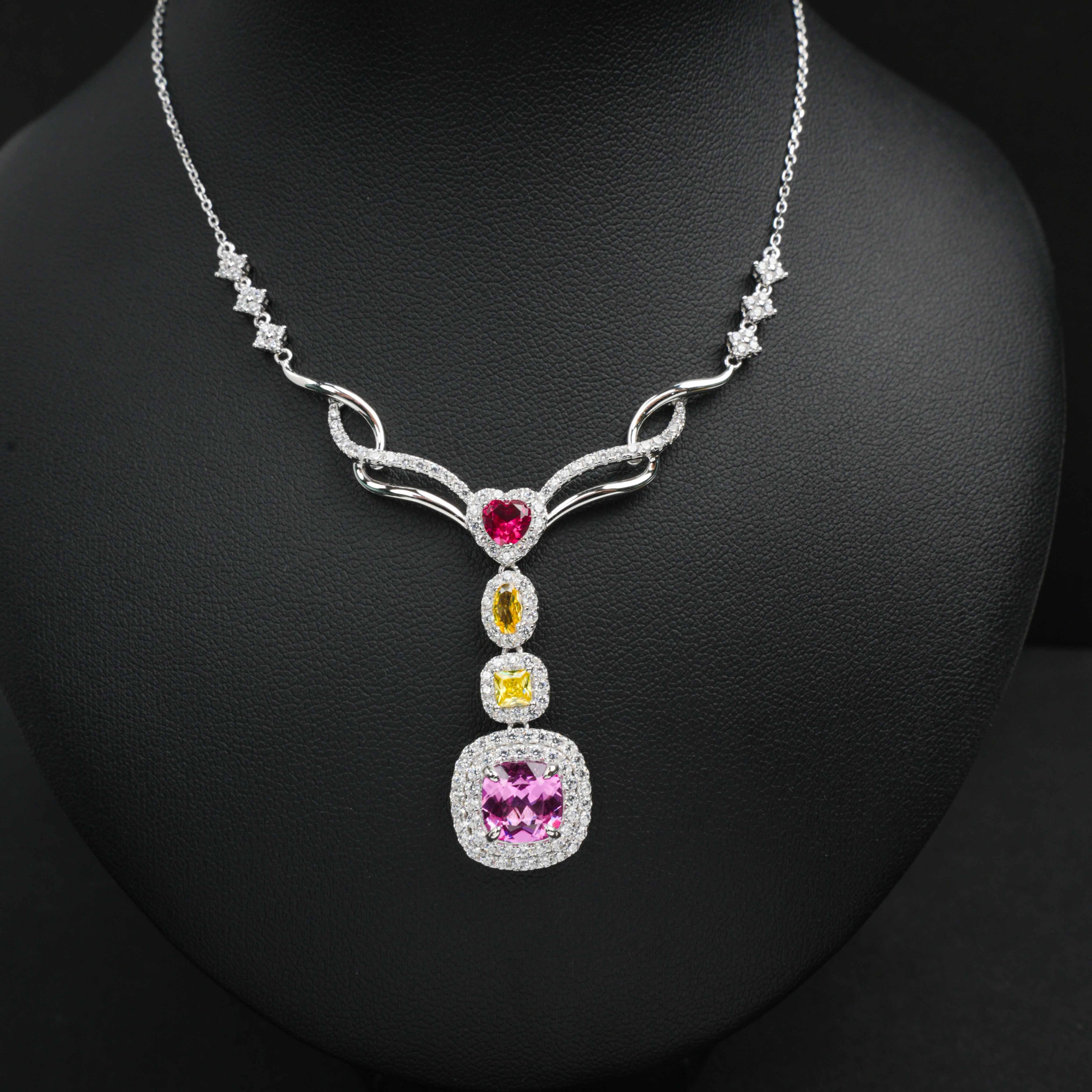 Lab-Grown Padparadscha Sapphire Necklace | S925 Sterling Silver Plated 18K Gold, Multiple - Cut Gemstones with Zircon Halo Accents, Exquisite Luxury Jewelry