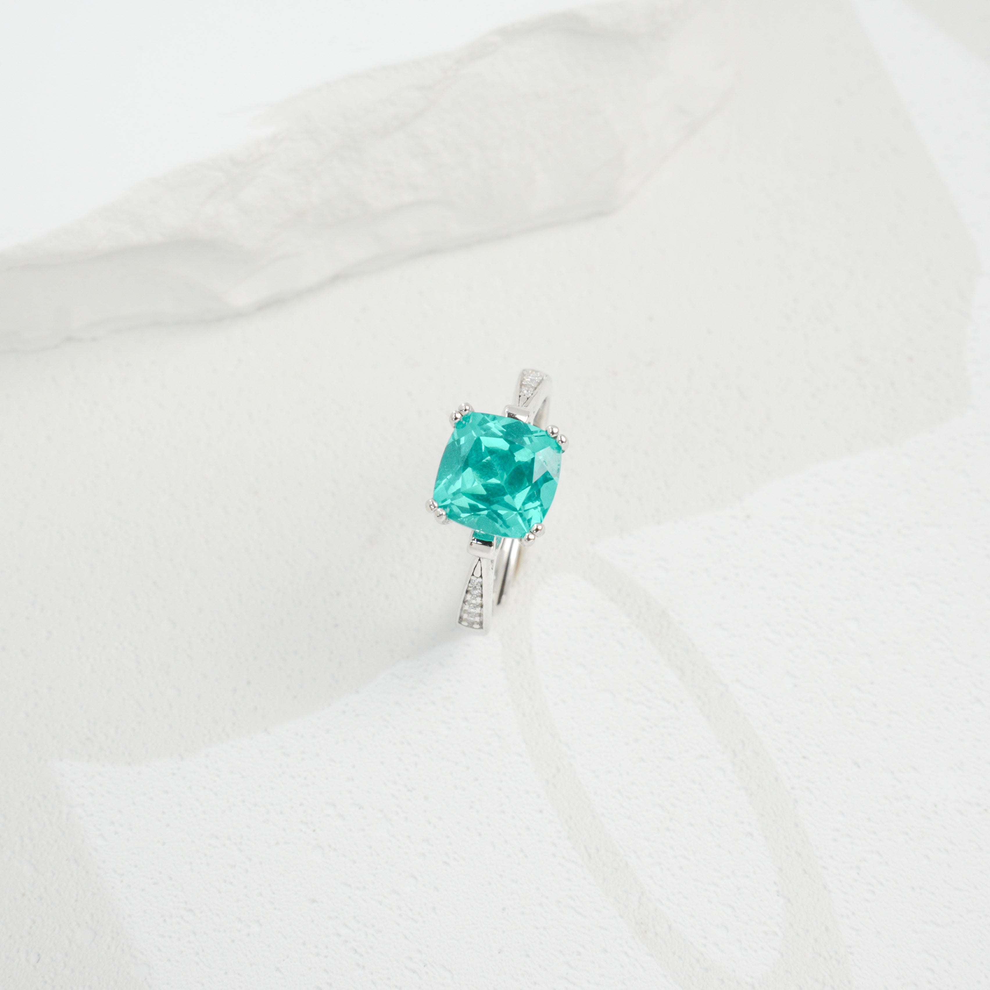 Cultured Paraiba Tourmaline Ring | S925 Sterling Silver Plated 18K Gold, Dainty Gemstone Jewelry for Women