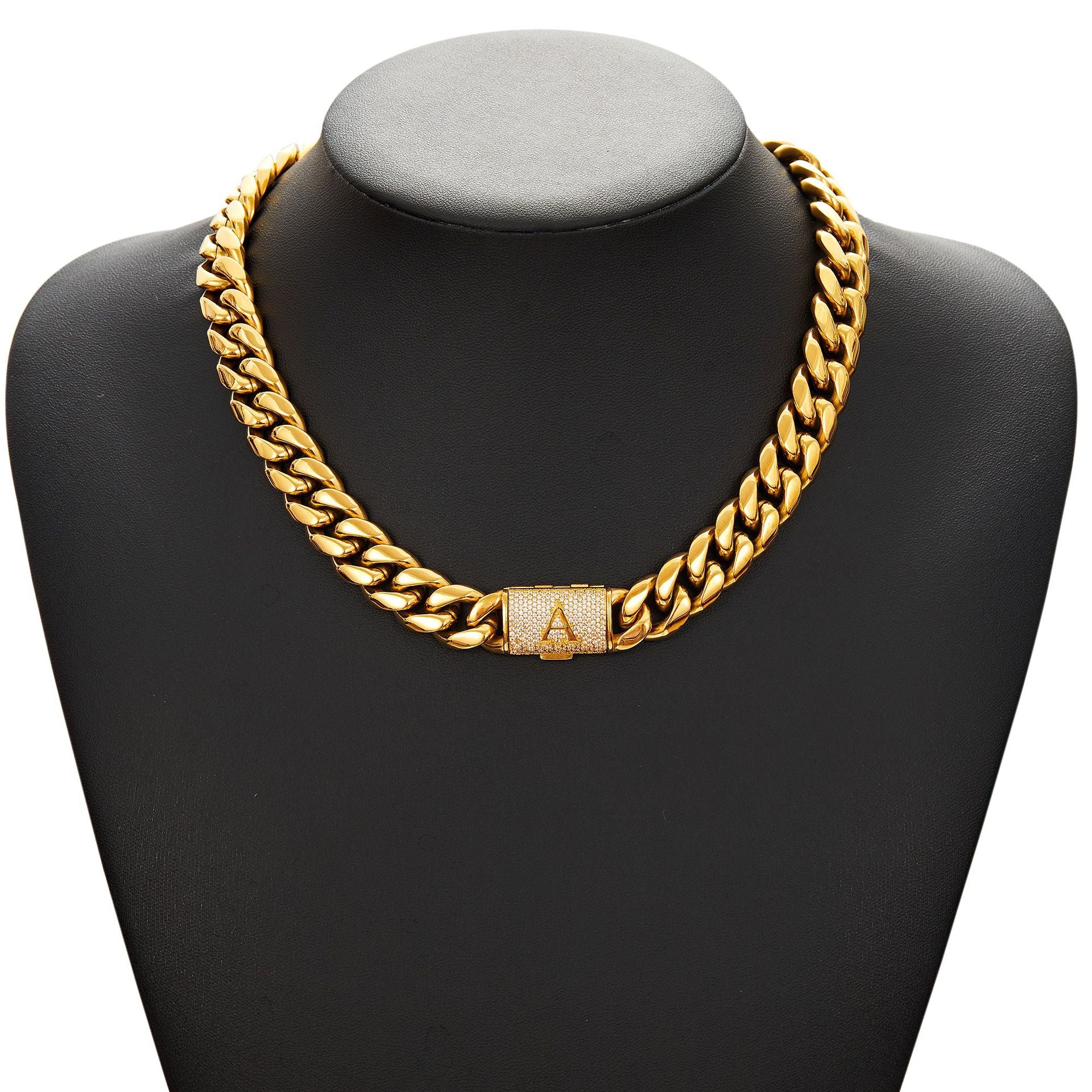 14mm Cuban Link Set - A-Z Custom Initial Iced Out Clasp,18K Gold